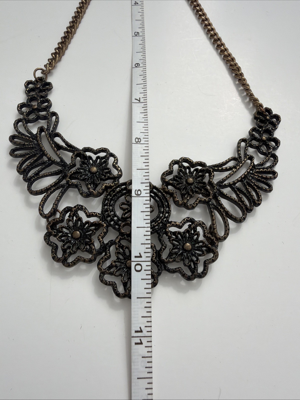 Vintage Style Bronze Filigree Floral Bib Necklace Statement Boho Cottagecore