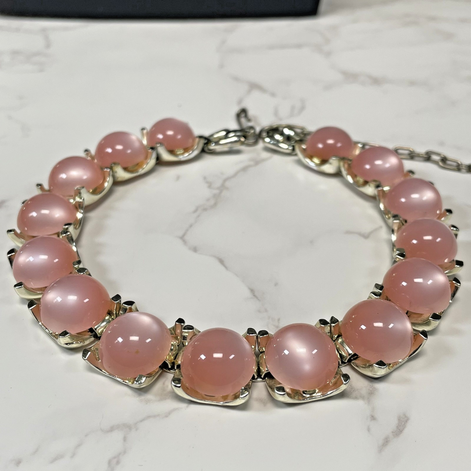 Vintage Coro Pink Moonglow Thermoset Chocker Necklace Silver Gold Tone MCM 12″