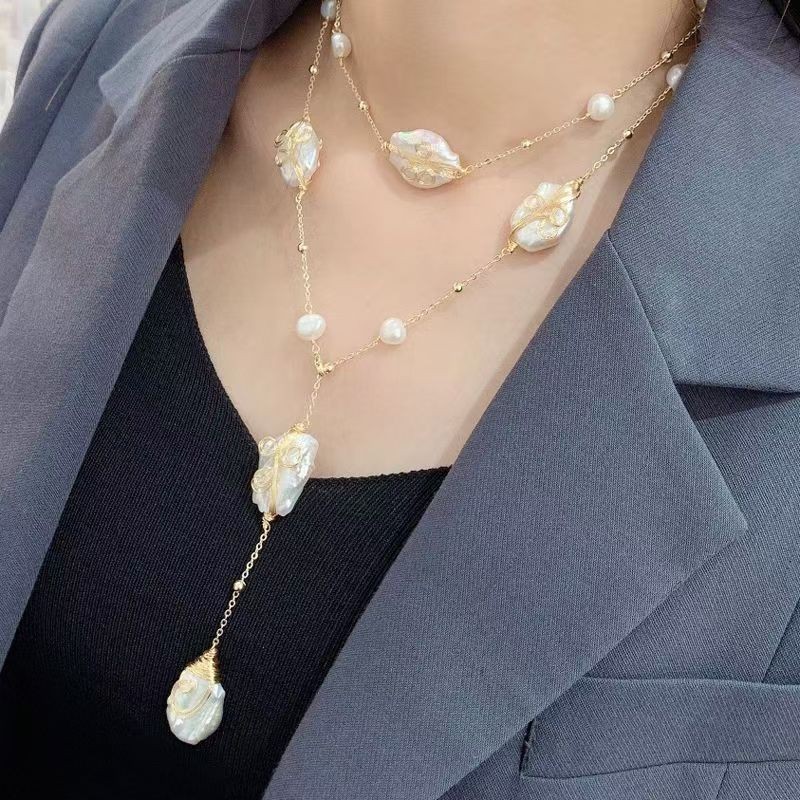 Cultured Baroque Irregular Pearl Blue Murano 14K Gold Chain Long Necklace