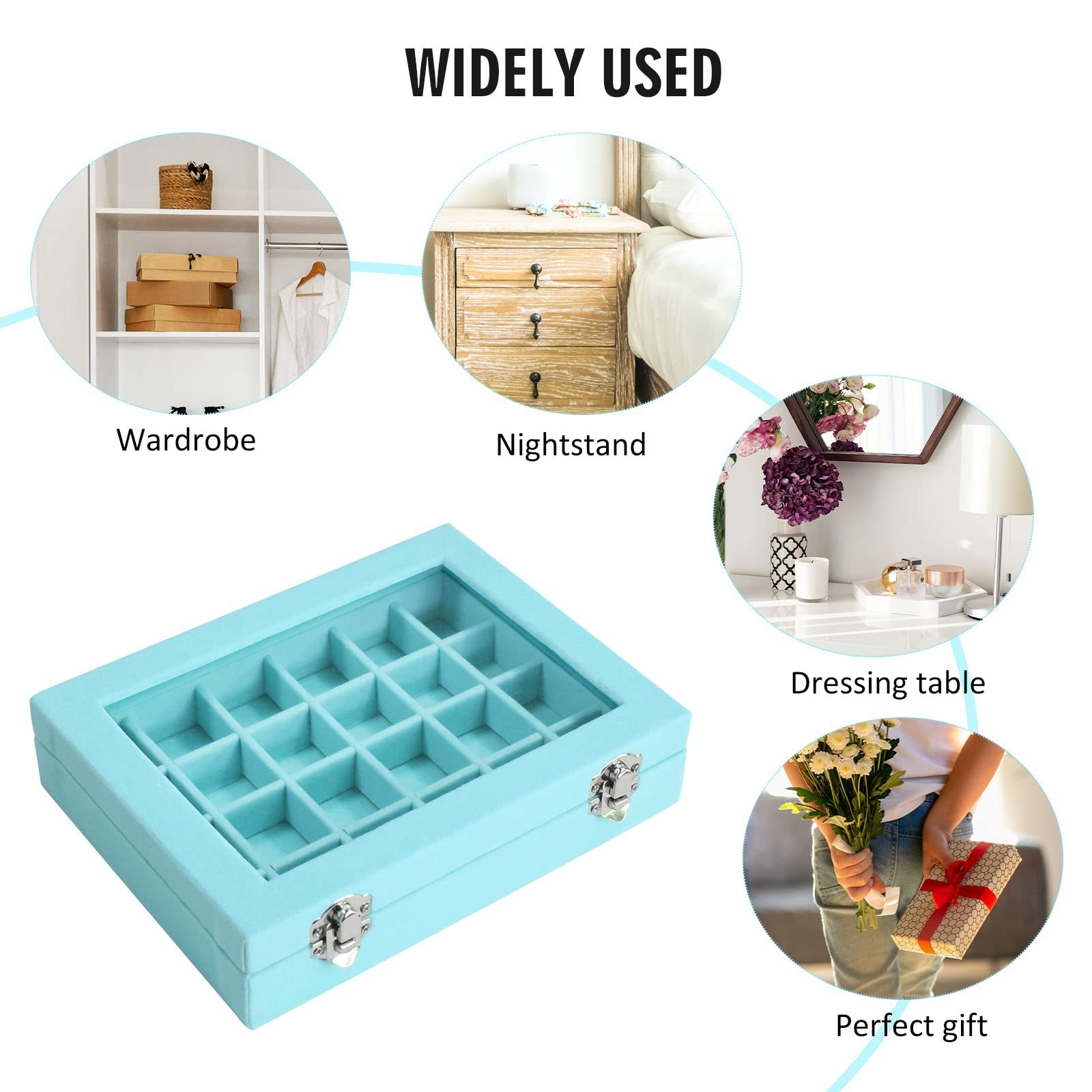 Velvet Jewelry Box 24 Grid Ring Display 24 Grid, Light Blue