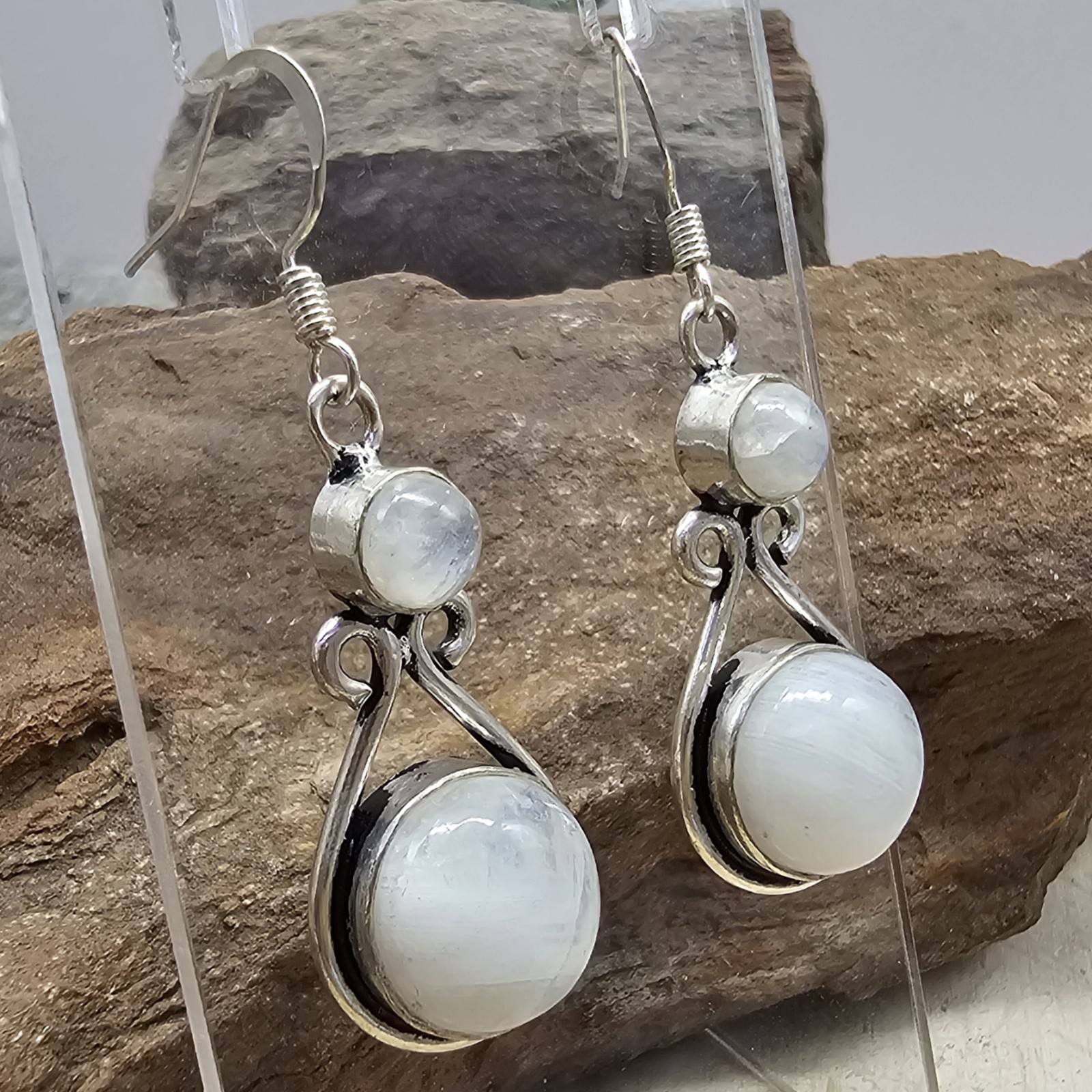 925 Overlay 12.2mm Rainbow Moonstone 2″ Drop Earrings