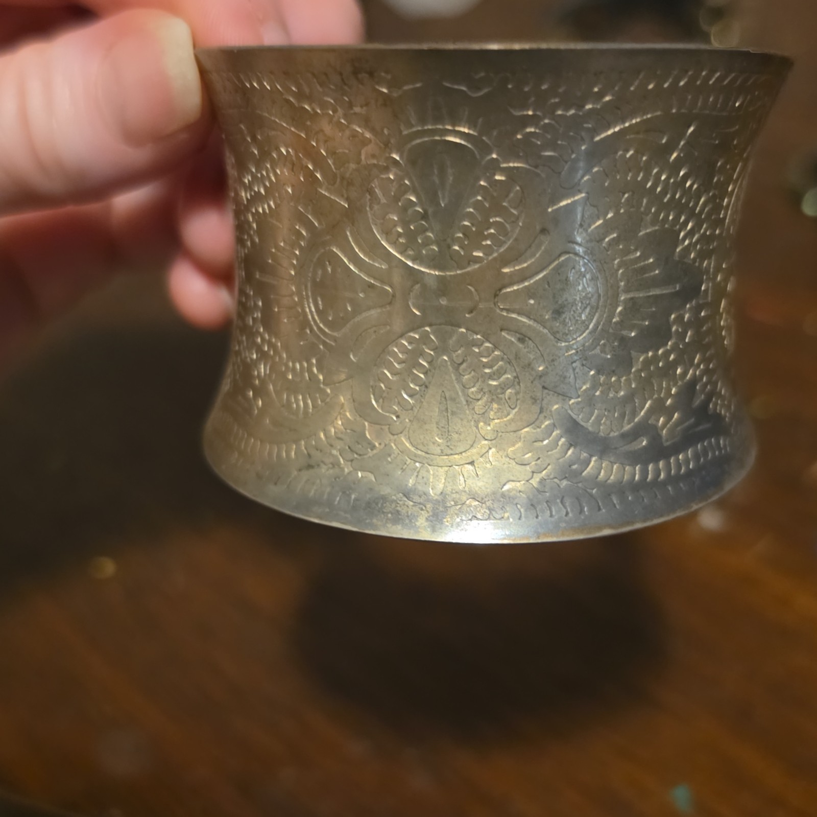 Wide Silver Tone Metal Engraved Floral Cuff Bracelet, No Stone