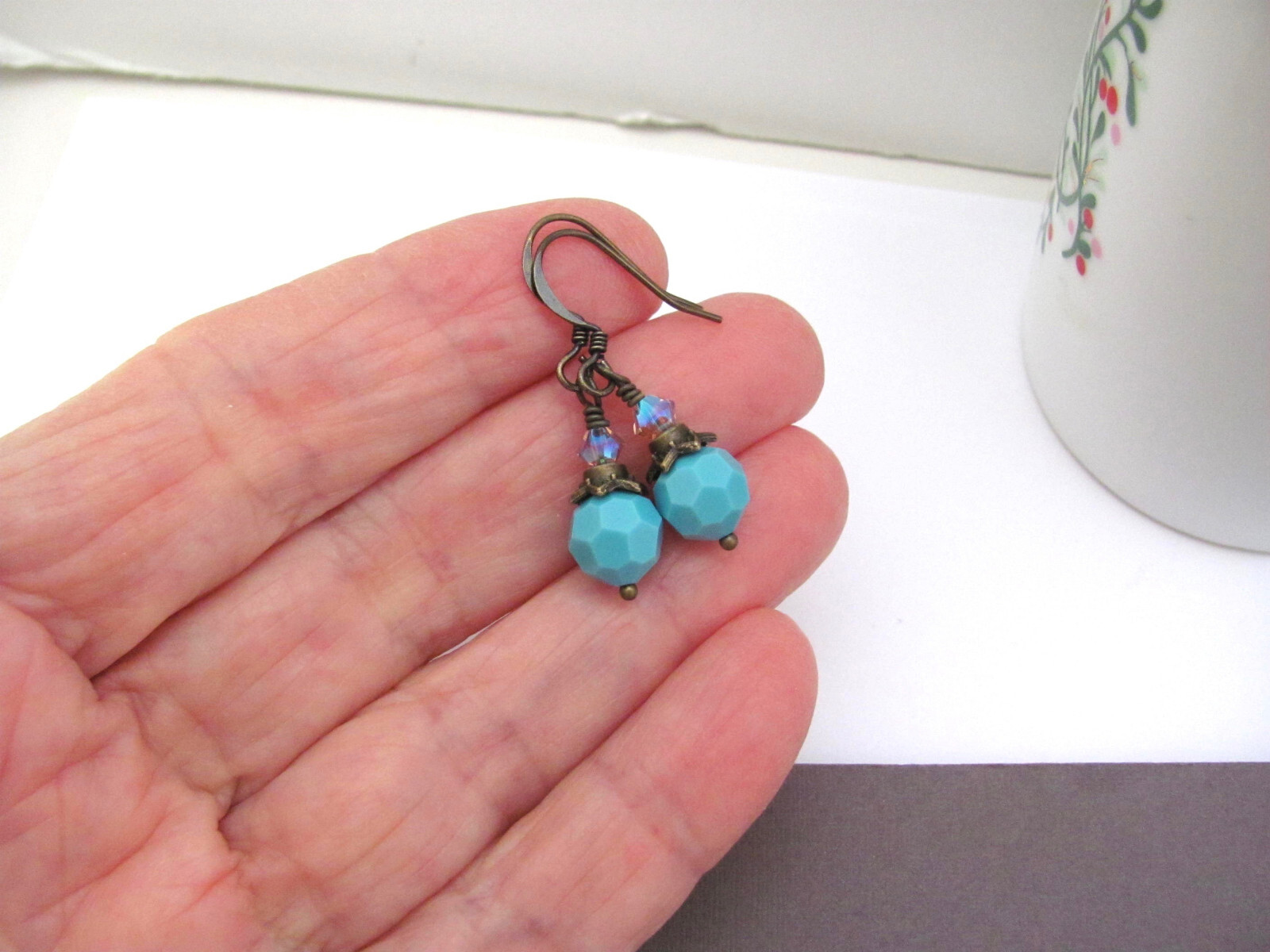 Turquoise Crystal Earrings Antiqued Brass Boho Chic Dainty Romancecore Cosplay