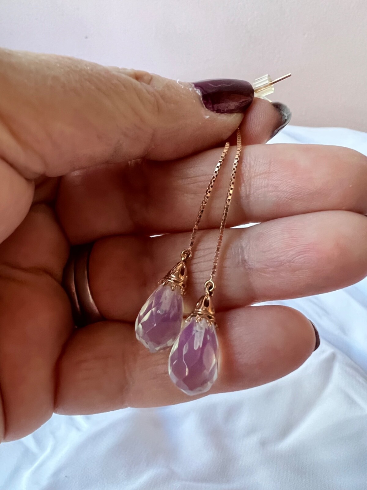 14K PINK ROSE GOLD MOONSTONE THREADER PULL THROUGH CHAIN DANGLE DROP EARRINGS