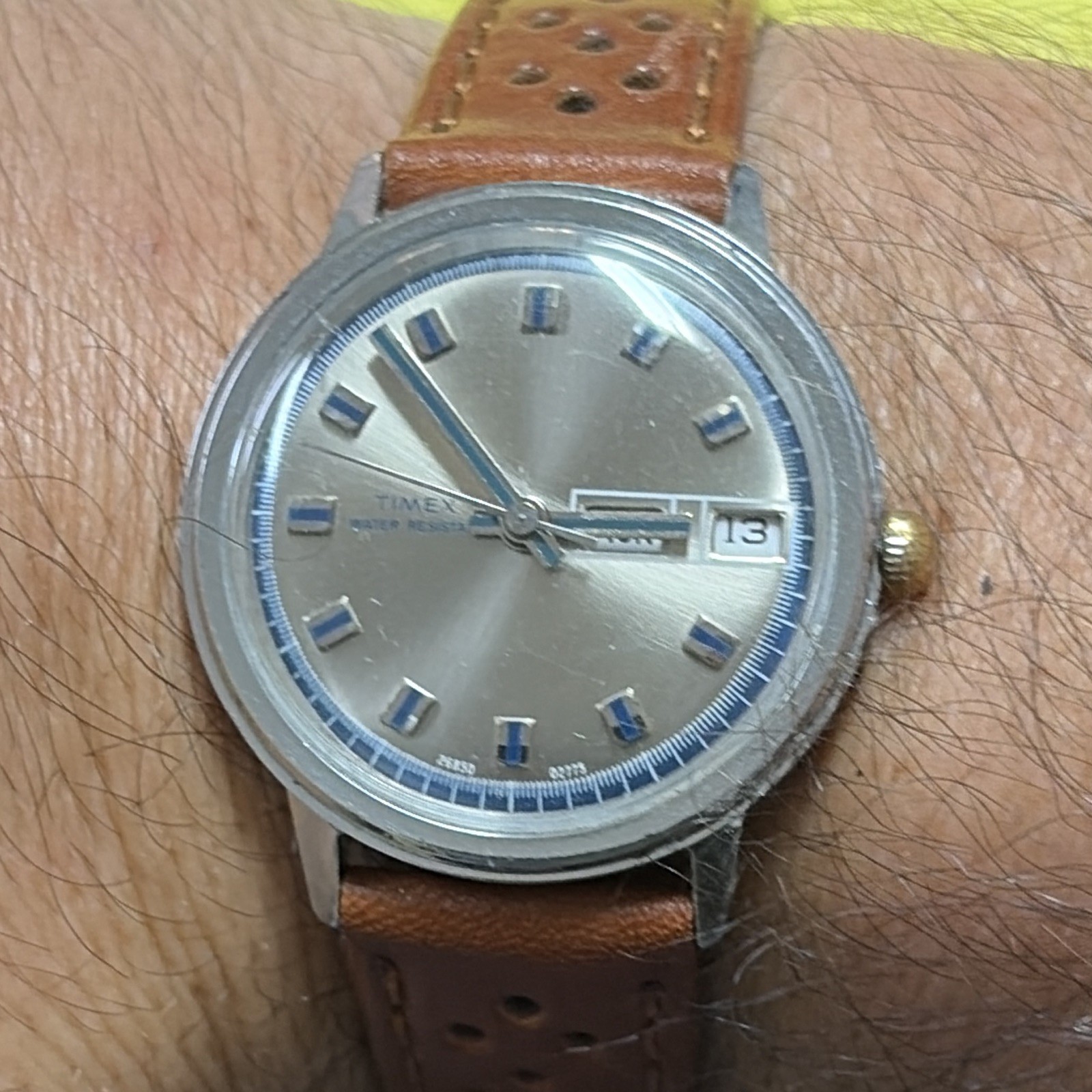 Automatic..Timex MarlinAnalog Wristwatch Date WR Silver Dial Brown Leather Strap