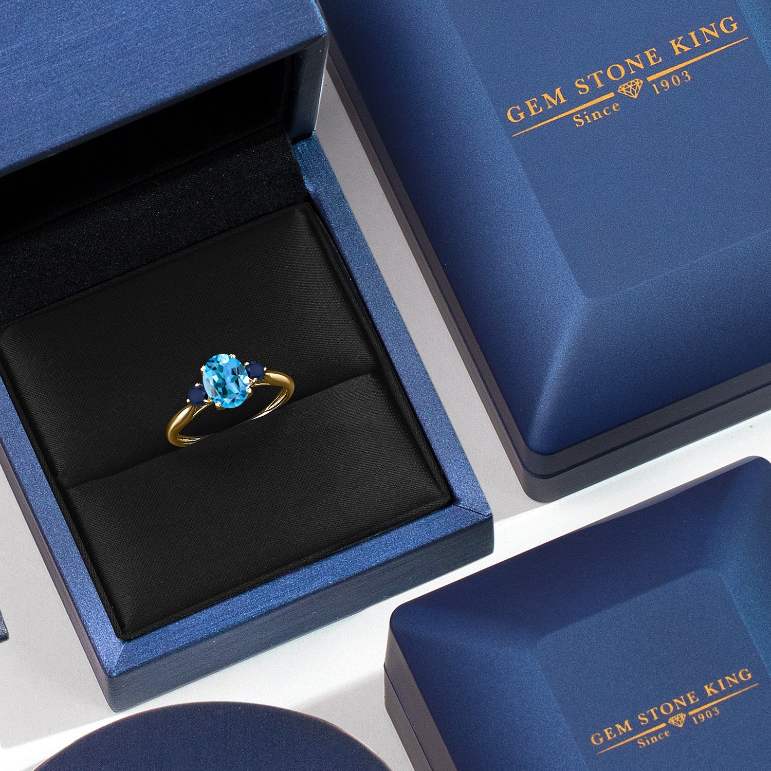 10K Yellow Gold Swiss Blue Topaz and Sapphire 3-Stone Ring For Women | 1.80