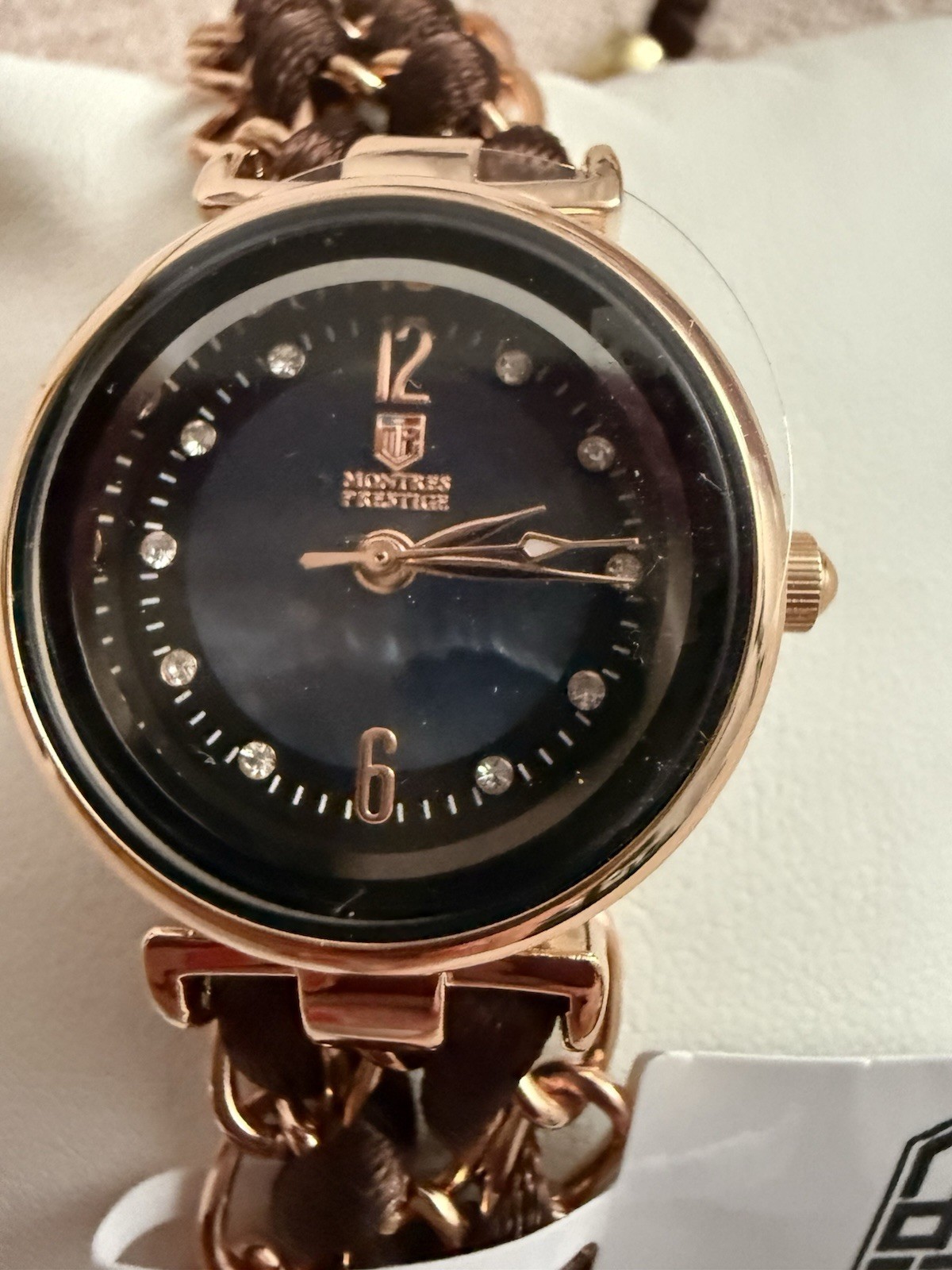 Montres Prestige Women’s Quartz Watch Rose Gold Brown Braided Bracelet New Box