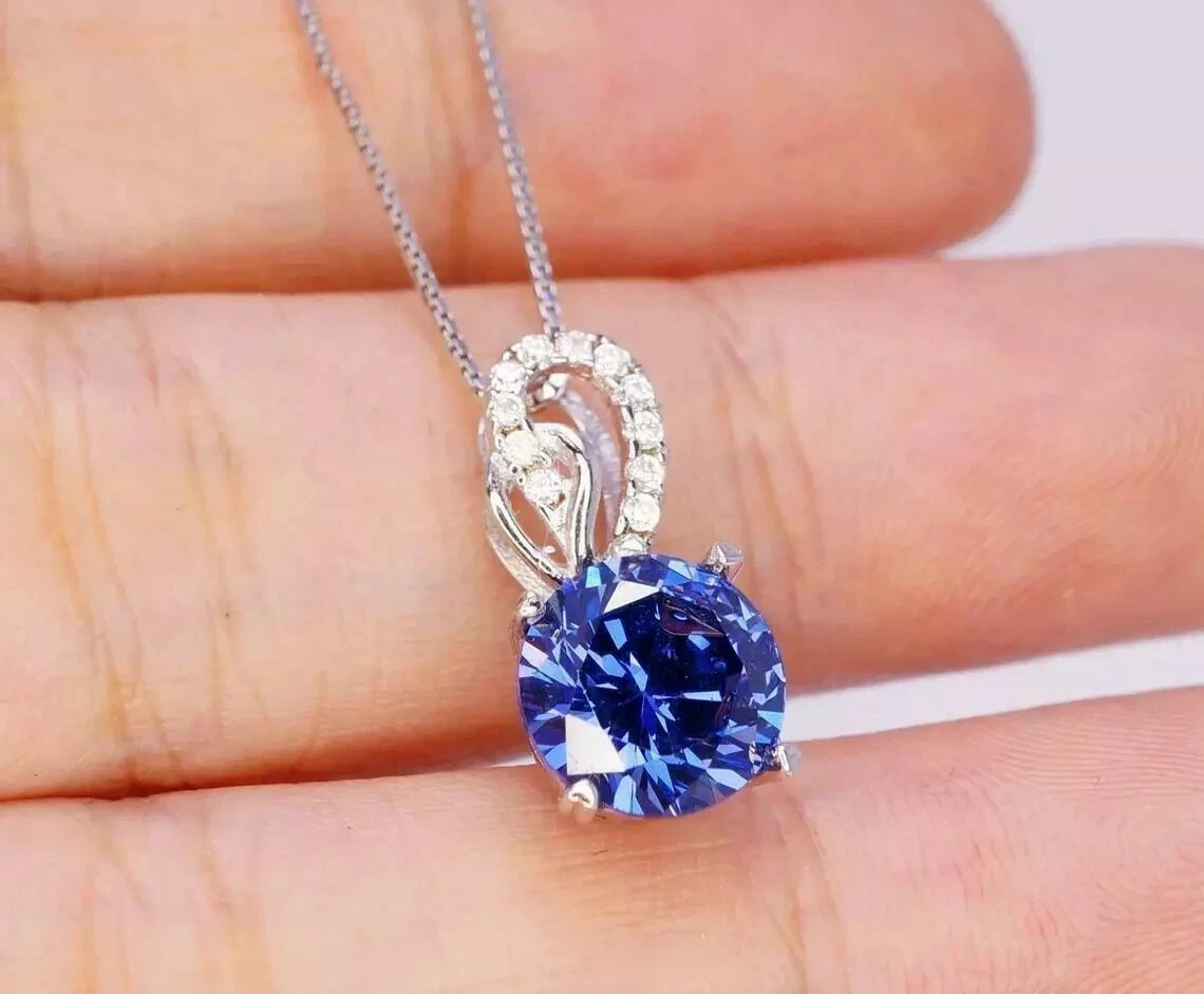 2Ct Round Cut Blue Tanzanite Solitaire Pendant 14K White Gold Finish Free Chain