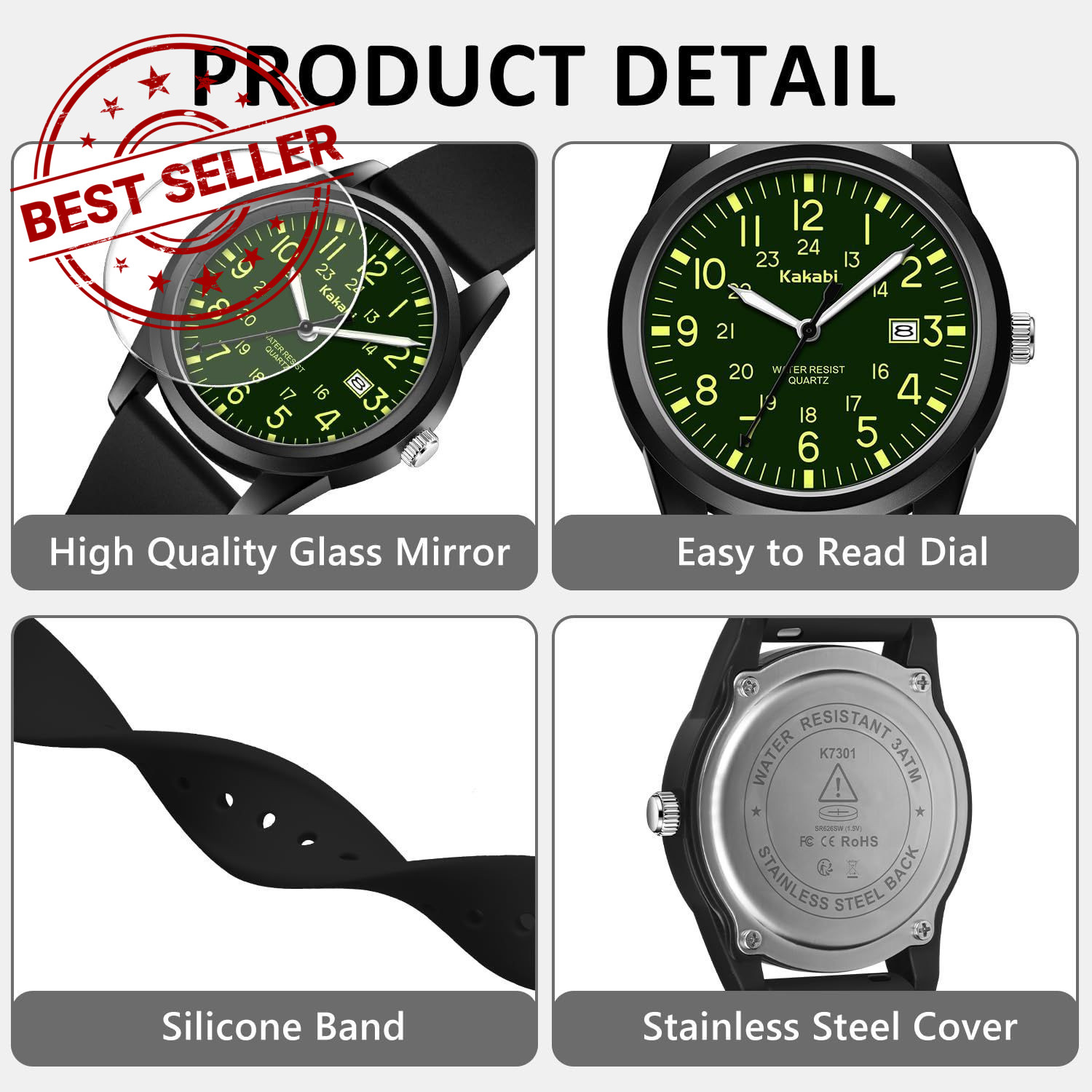 Kakabi Men’s Easy to Read Watch, Unisex Military Sport Analog 010-BlackGreen