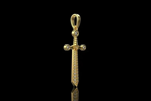 1.50Ct Round Cut Lab Created Diamond Unisex Sword Pendant 14K Yellow Gold Plated
