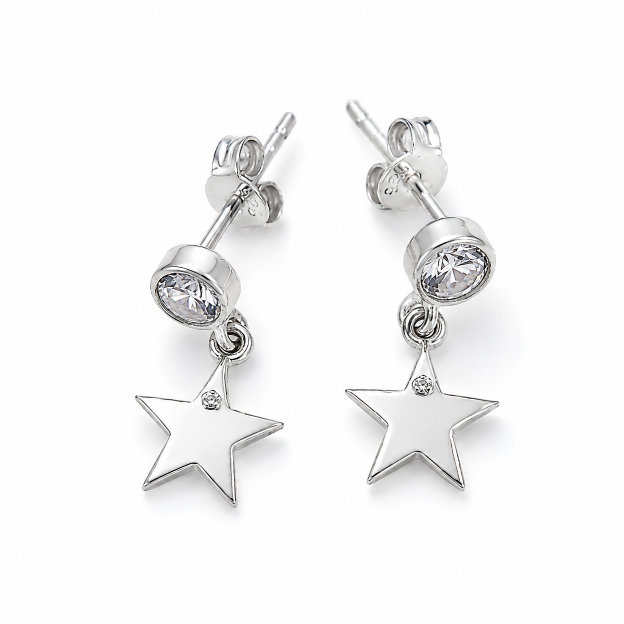 Silver 925 Star Crystal Round Stud Dangle Drop Earrings Butterfly Back Lobe