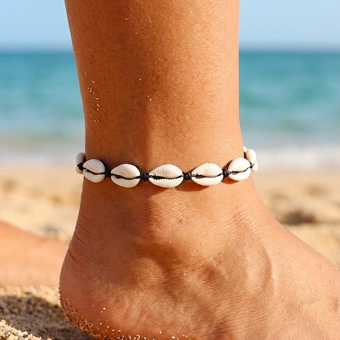 Cowrie Shell Anklet Adjustable Beach Bracelet Natural Seashell Cotton Cord Boho