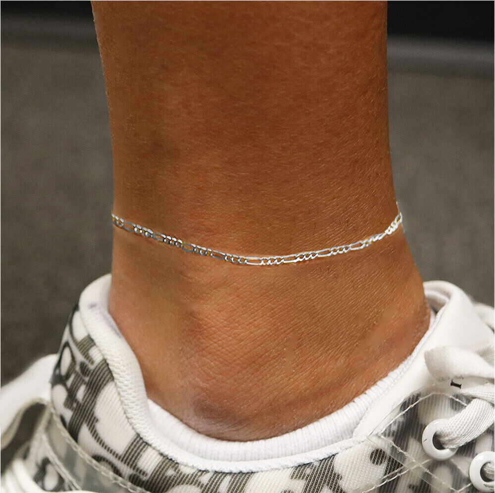 2MM Solid 925 Sterling Silver Italian DIAMOND CUT Figaro Anklet Chain 9″ or 10″