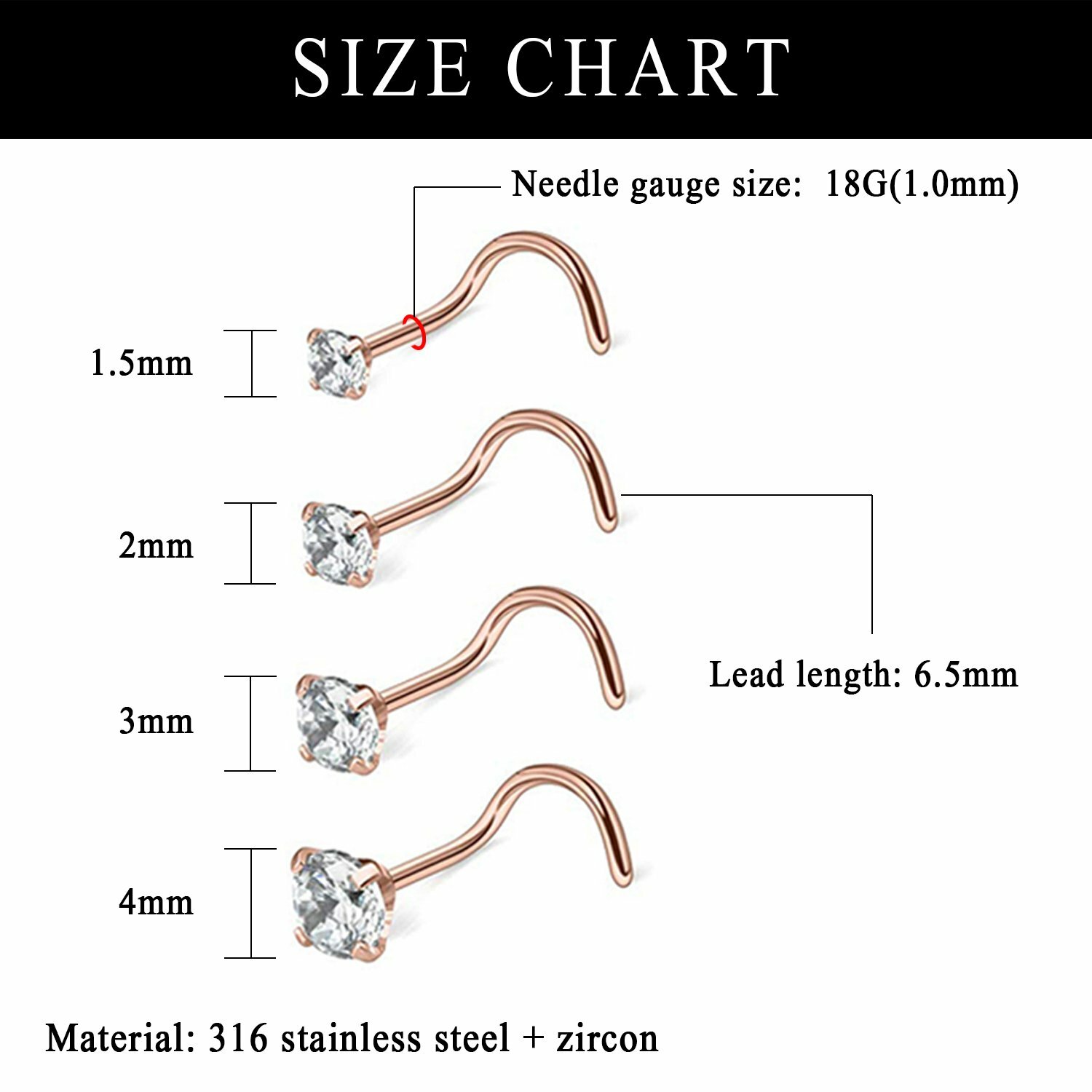 8pcs 18G Surgical Steel Round CZ L-Shaped Nose Screw Studs Rings Body Piercing