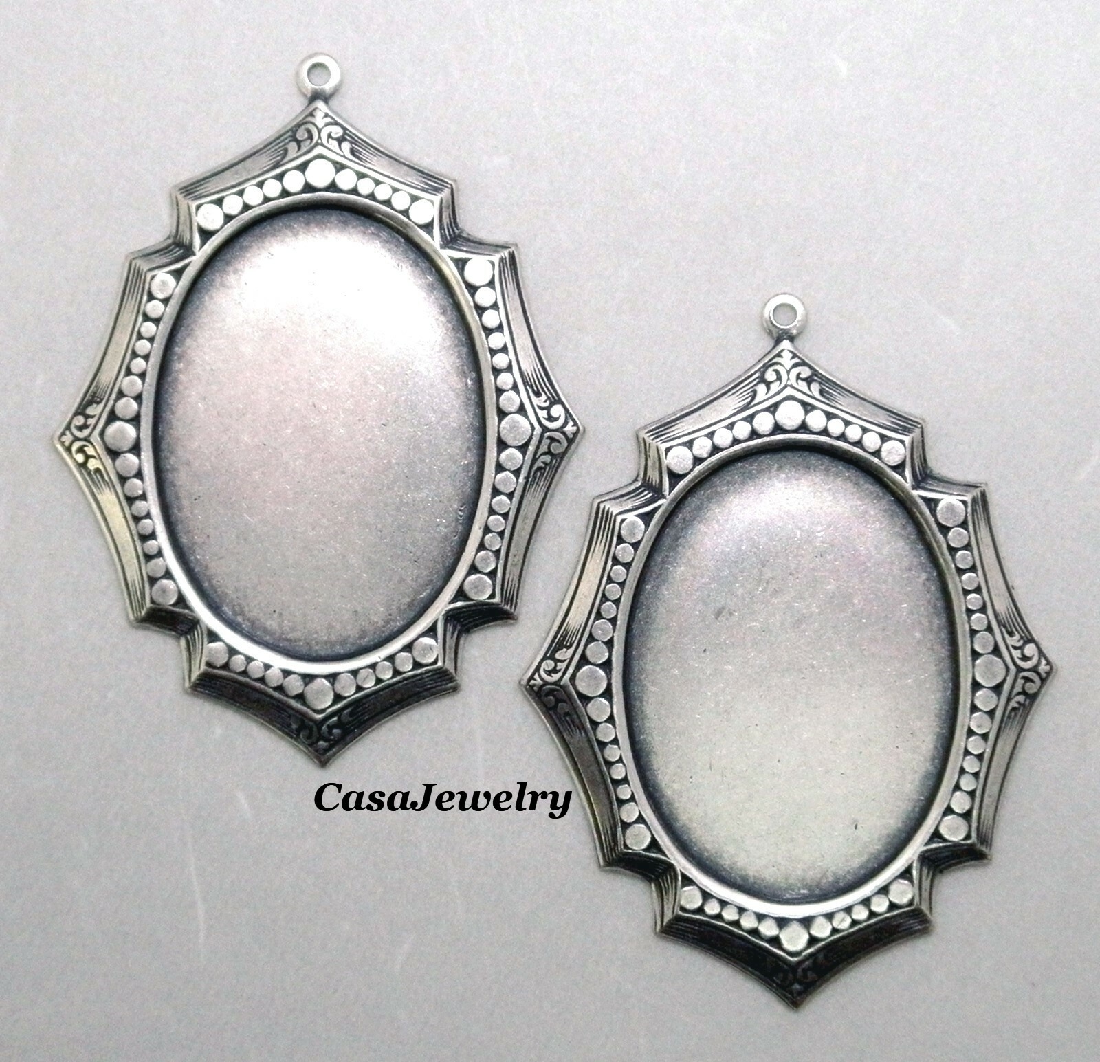#4163 ANTIQUED STERLING SILVER PLATED 32x24mm BEZEL W/TOP HANG RING – 2 Pc Lot