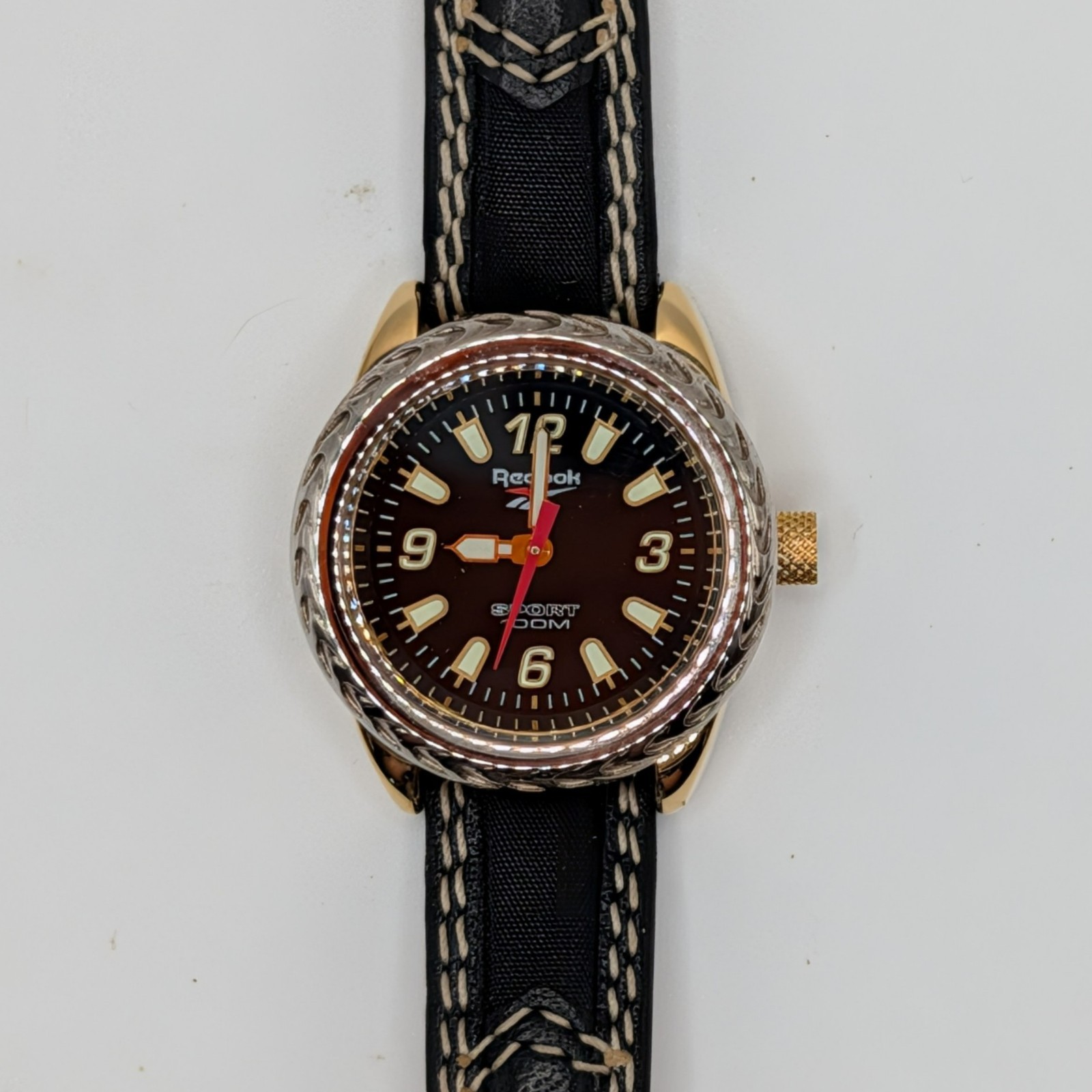 Vtg Reebok Sport Watch Silver/Gold-tone 100M Black Leather Band 28mm New Battery