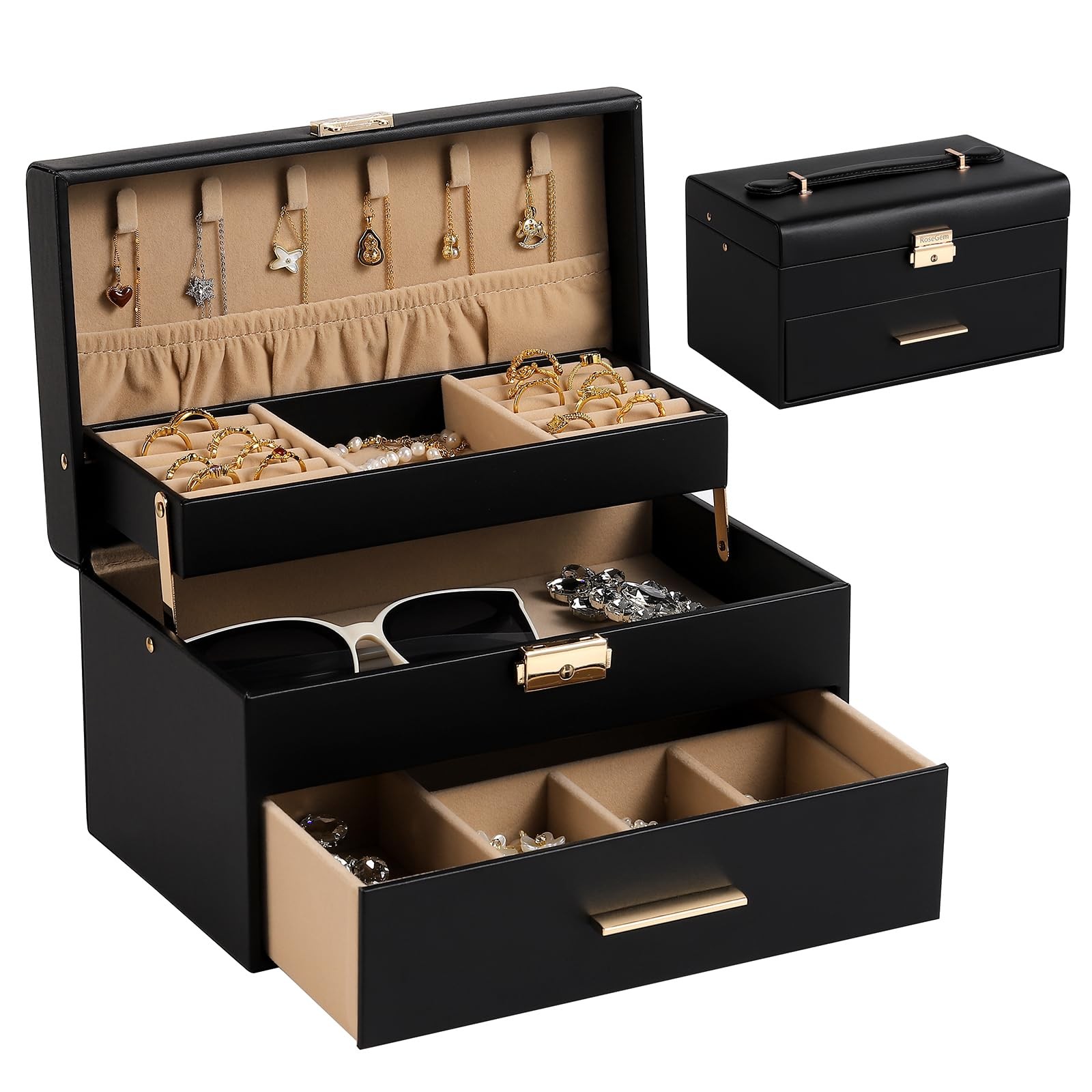RoseGem Jewelry Organizer Box, Large Boxes for Women Girls, Black