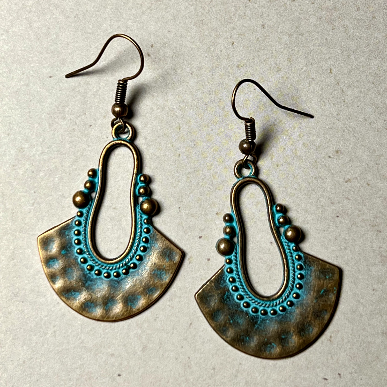 Copper Tone With Etched Patina Fan Dangle Earrings. Artisan. French Hooks. S626