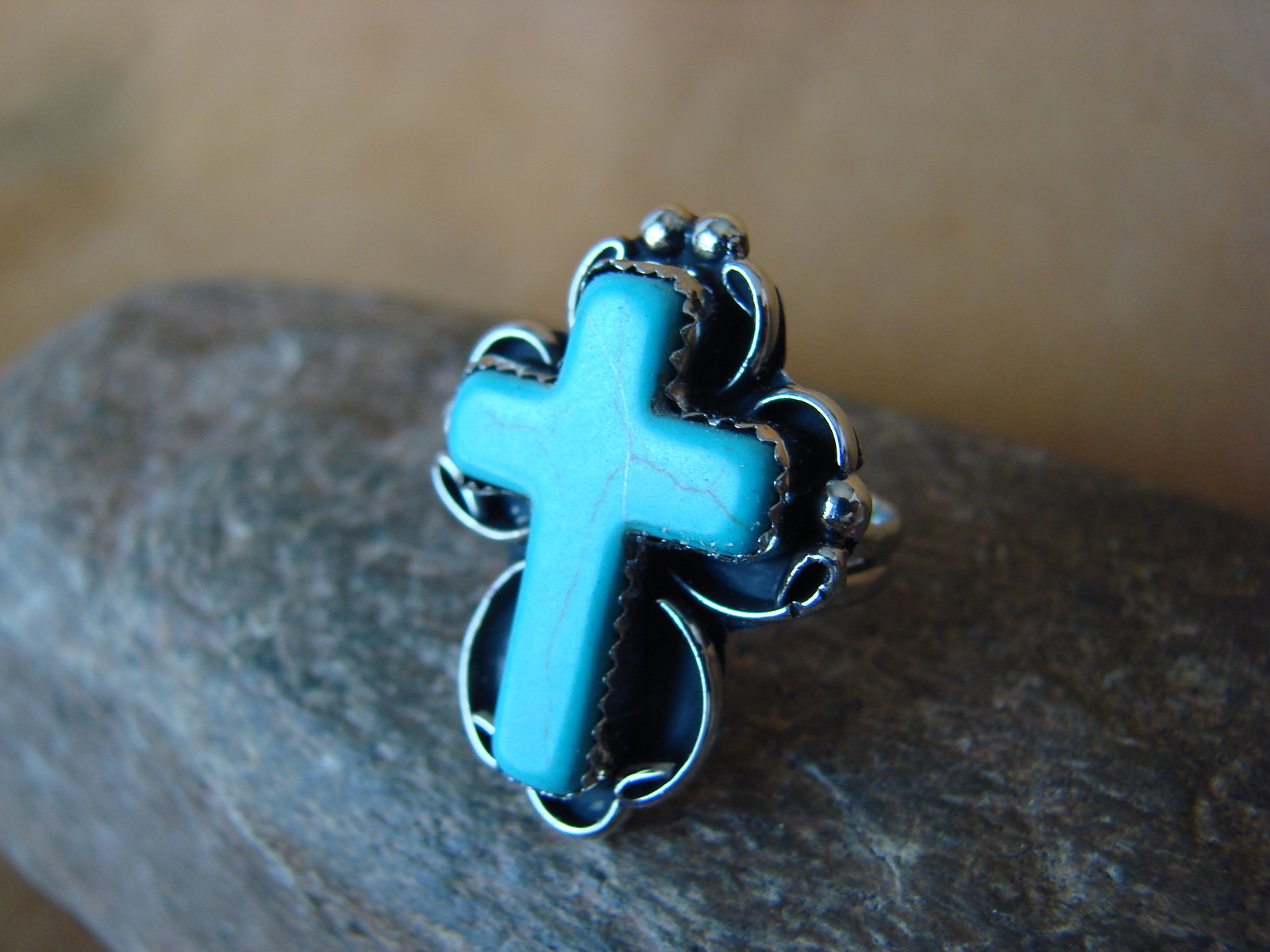 Native American Nickle Silver Turquoise Cross Ring Size 7 1/2 by Phoebe Tolta