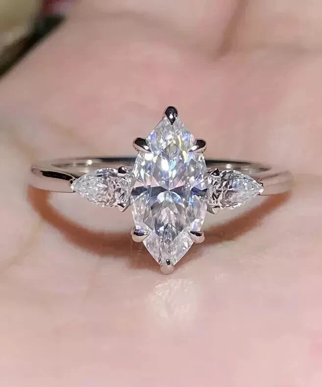 Marquise Cut 3.30 Ct White Moissanite Prong Engagement Ring 925 Sterling Silver
