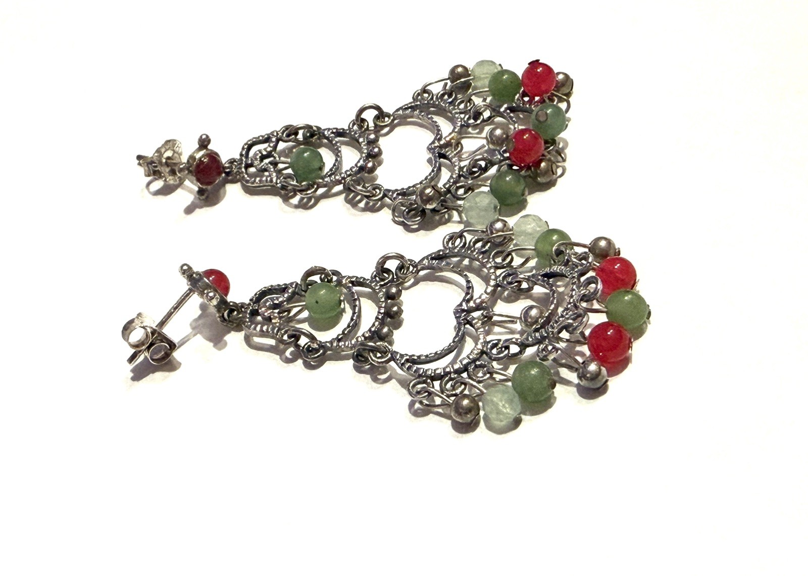 Signed Sterling 925 Thailand Boho Chandelier Green Red Jade Dangle Earrings