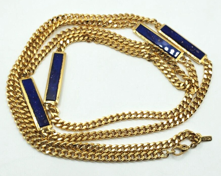 Vintage Monet Gold Tone an Four Blue an Gold Flake Bars on Heavy Chain Statement