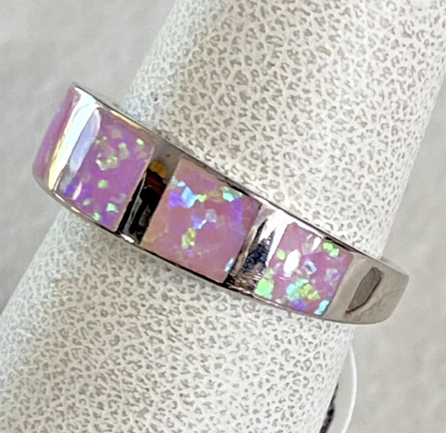 Sterling Silver Pink Lab Opal Ring / Band, Size 6 x 6mm, Gift Ready, NOS