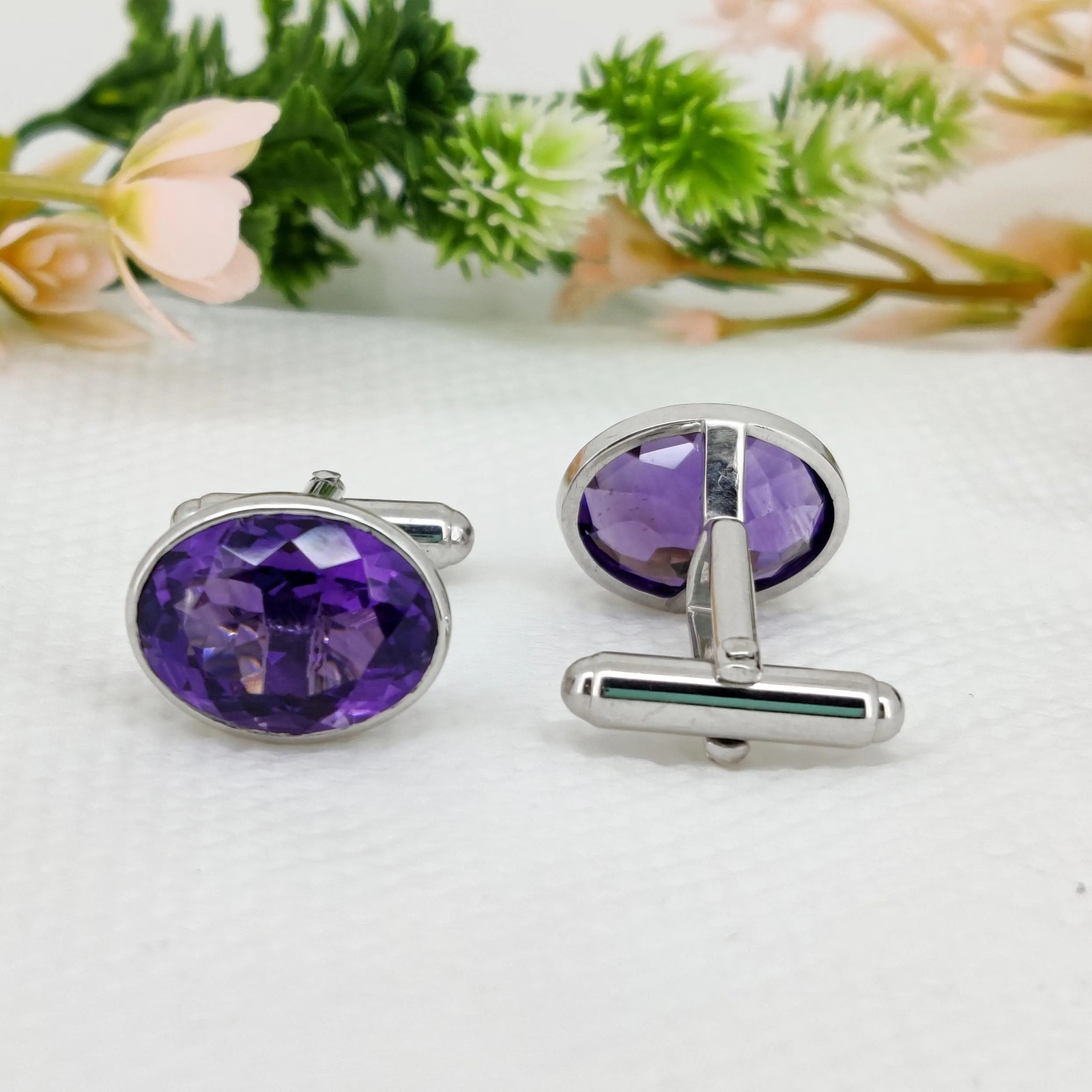 Natural Amethyst Silver Cuff Links for Men 12×16 mm Oval Gemstone Cuffs for him