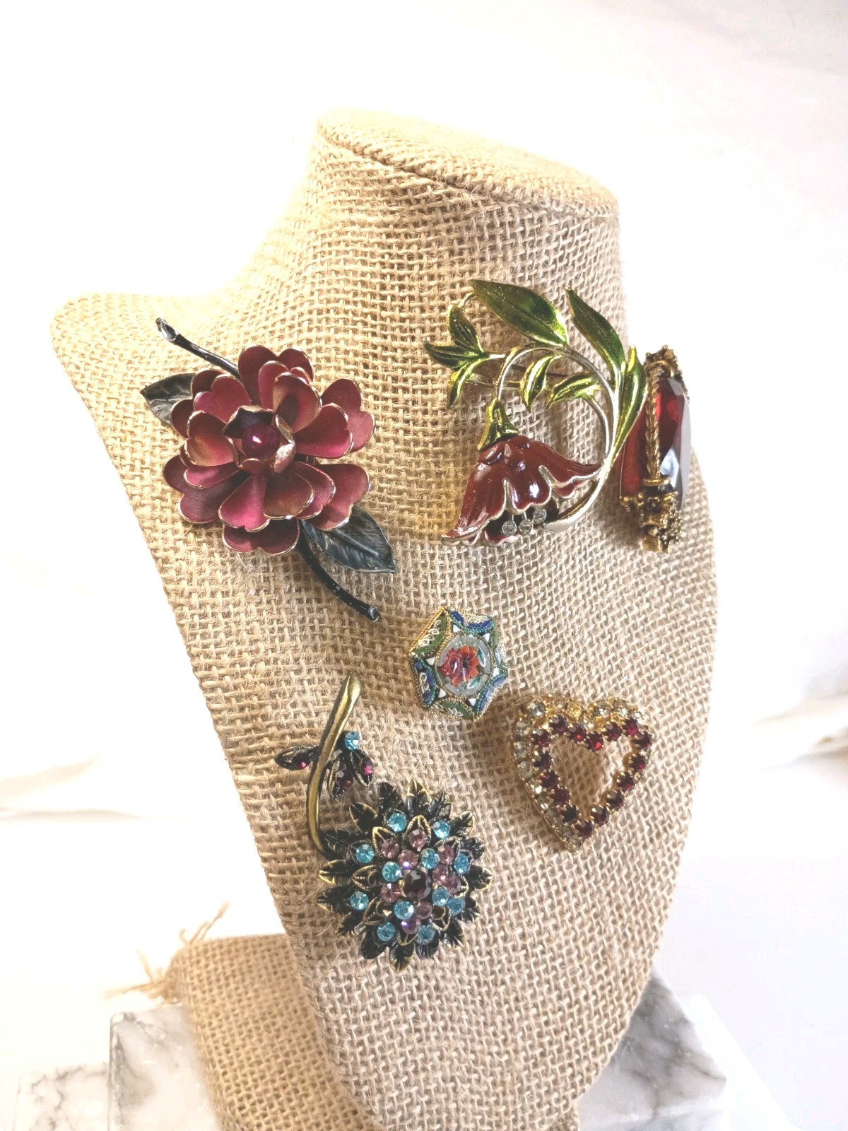 Vintage To Current Brooches Lot of 6 Rhinestone Glass Enamel Paint Gold Fill