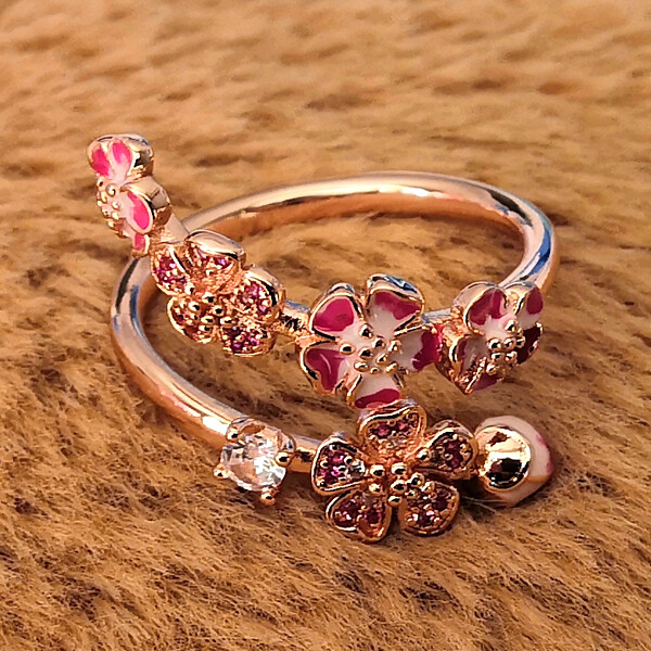 NEW 100% 925 Sterling Silver Rose Pink Peach Blossom Flower Branch Open Ring
