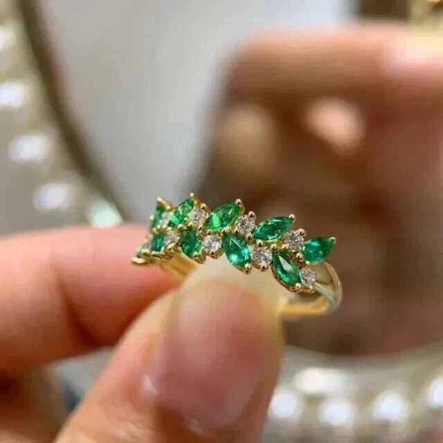 14K Yellow Gold Plated 2.30Ct Marquise Cut Lab Created Emerald Wedding Band Ring