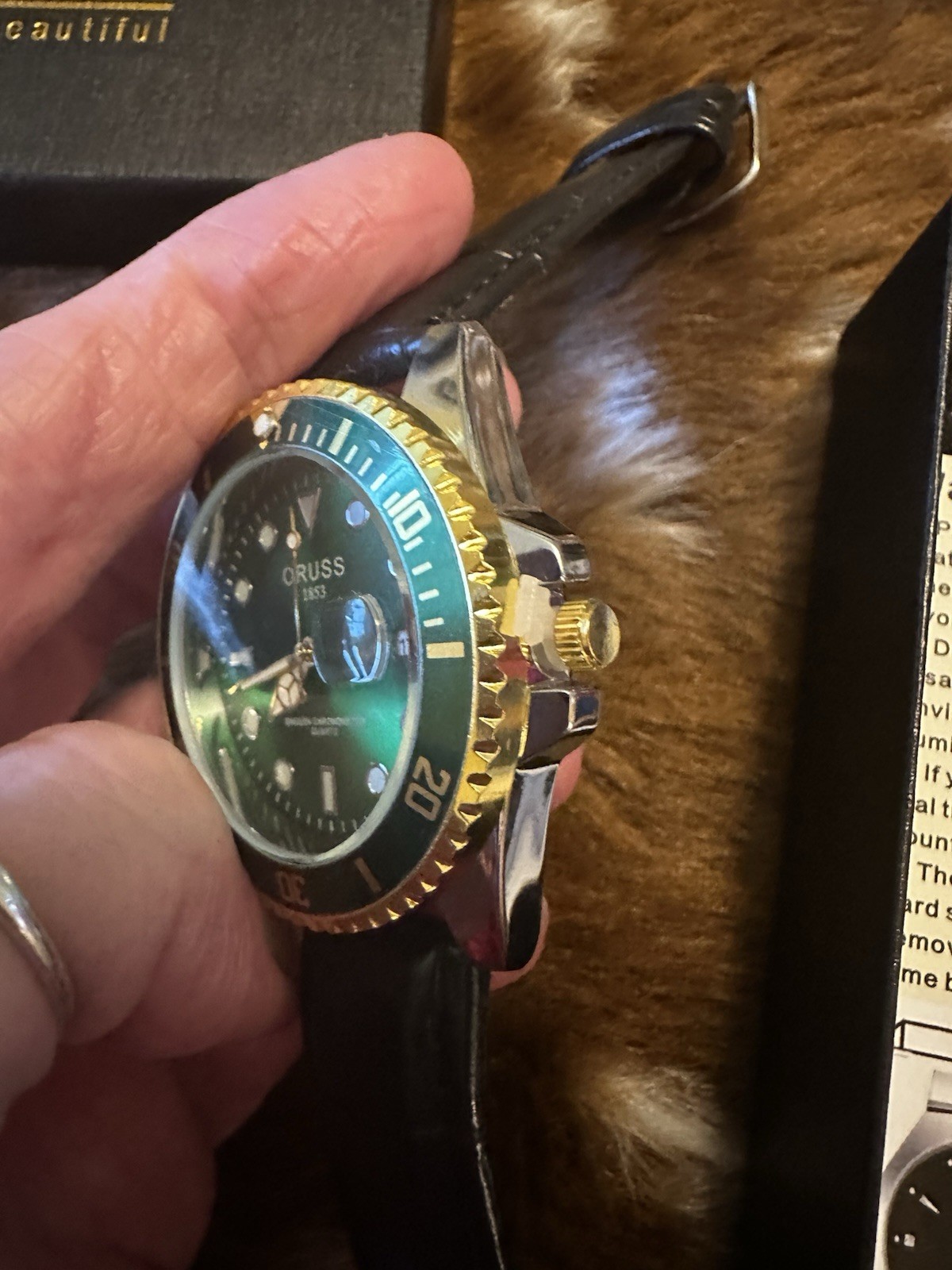 ORUSS 1893 Green Dial Quartz Diver Men’s Watch Date Black Leather Strap Box