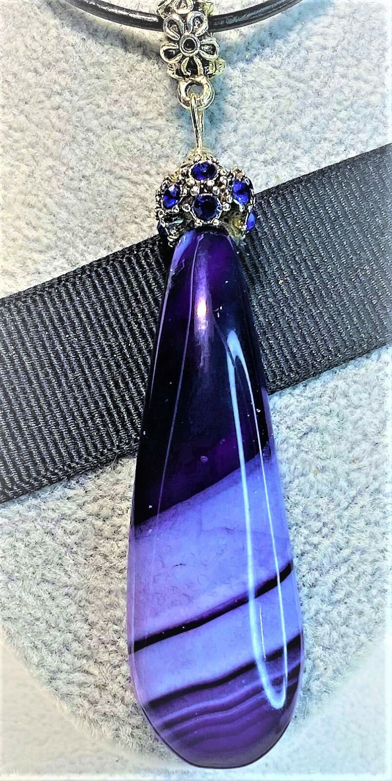 BLUE QUARTZ TEARDROP PENDANT SILVER TOP FREE BLACK LEATHER CHOKER CORD
