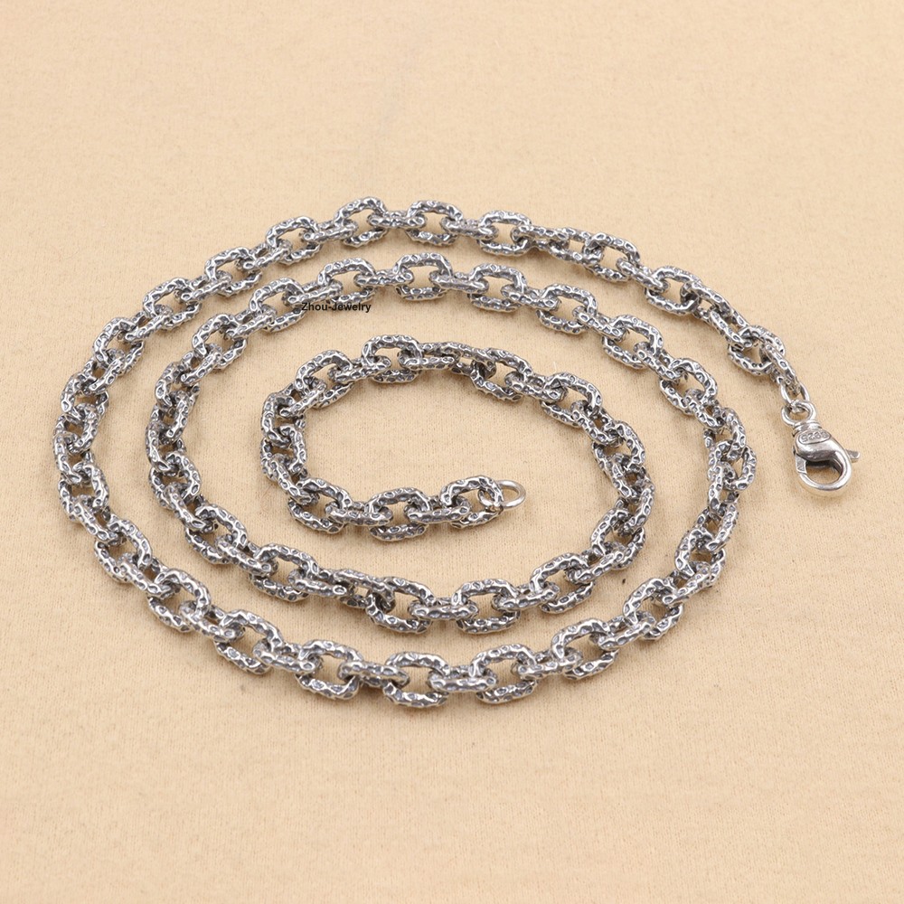 Real 925 Sterling Silver 6.5mm Hammered Cable Chain Necklace 21.6″L Jewelry Gift