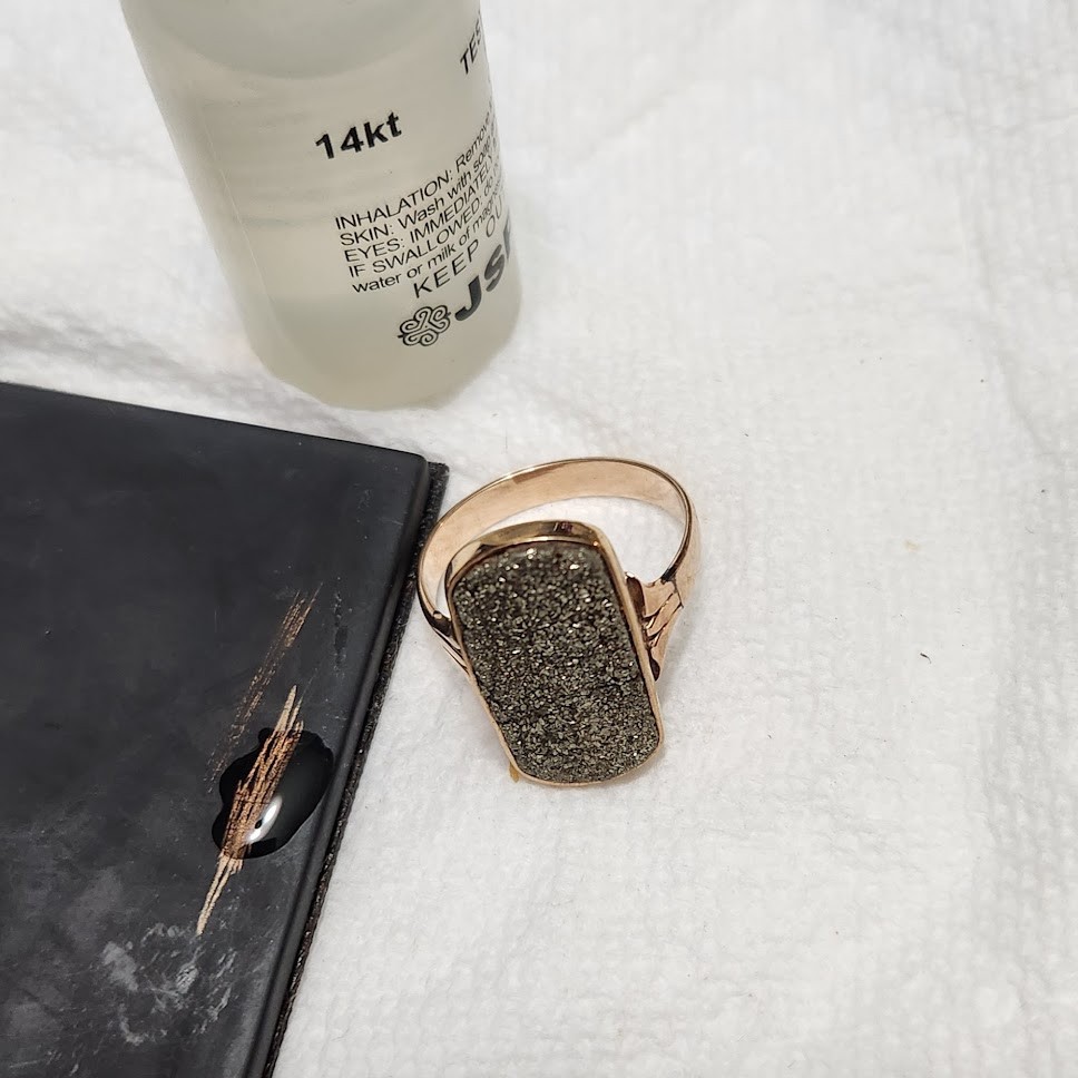 14K Rose Gold Large Pyrite Fools Gold Druzy Rectangle Band Ring Size 11.25 7.5g