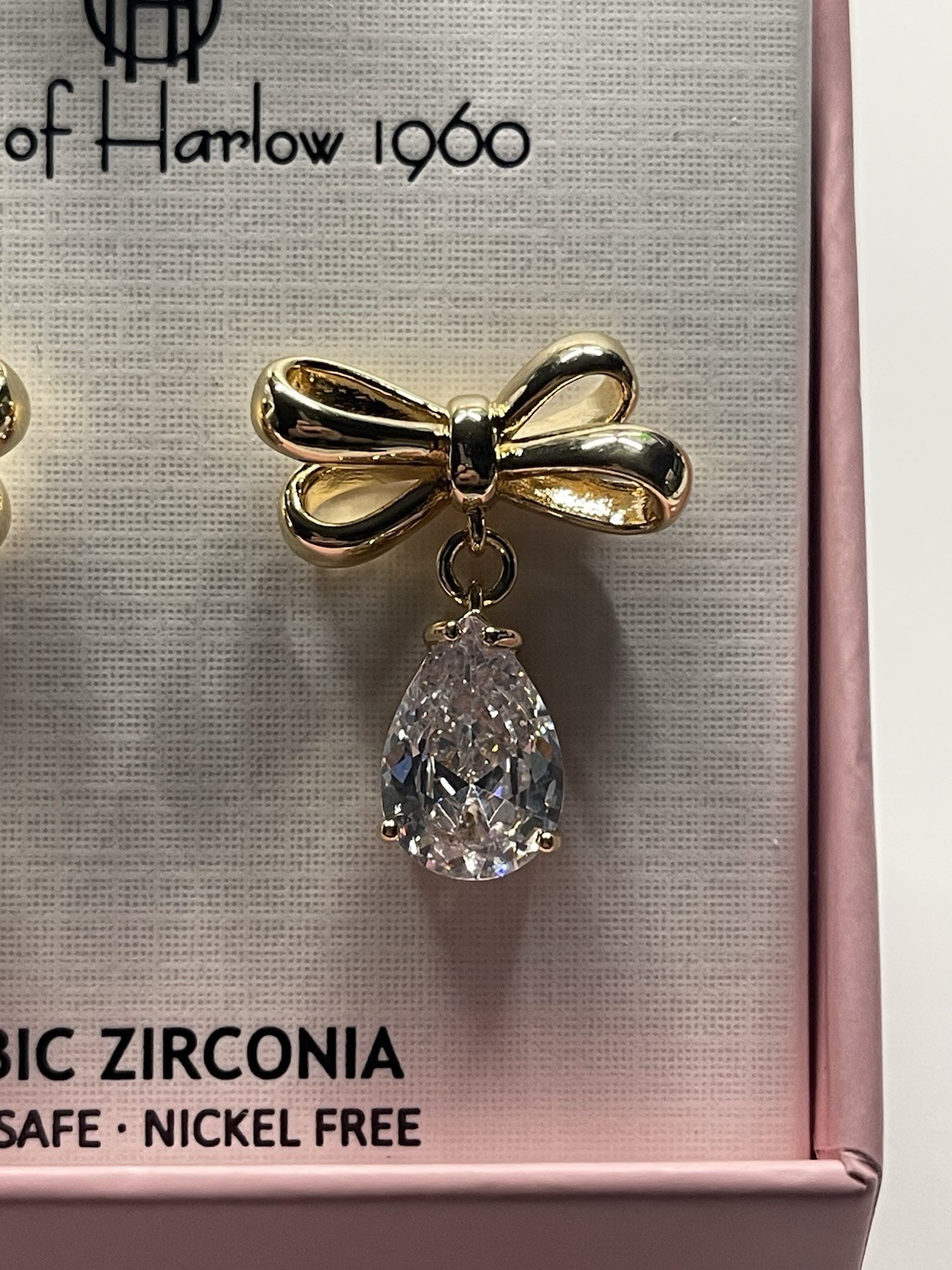 House Of Harlow 1960 Gold Tone Bows Teardrop Cubic Zirconia Stones NWOT