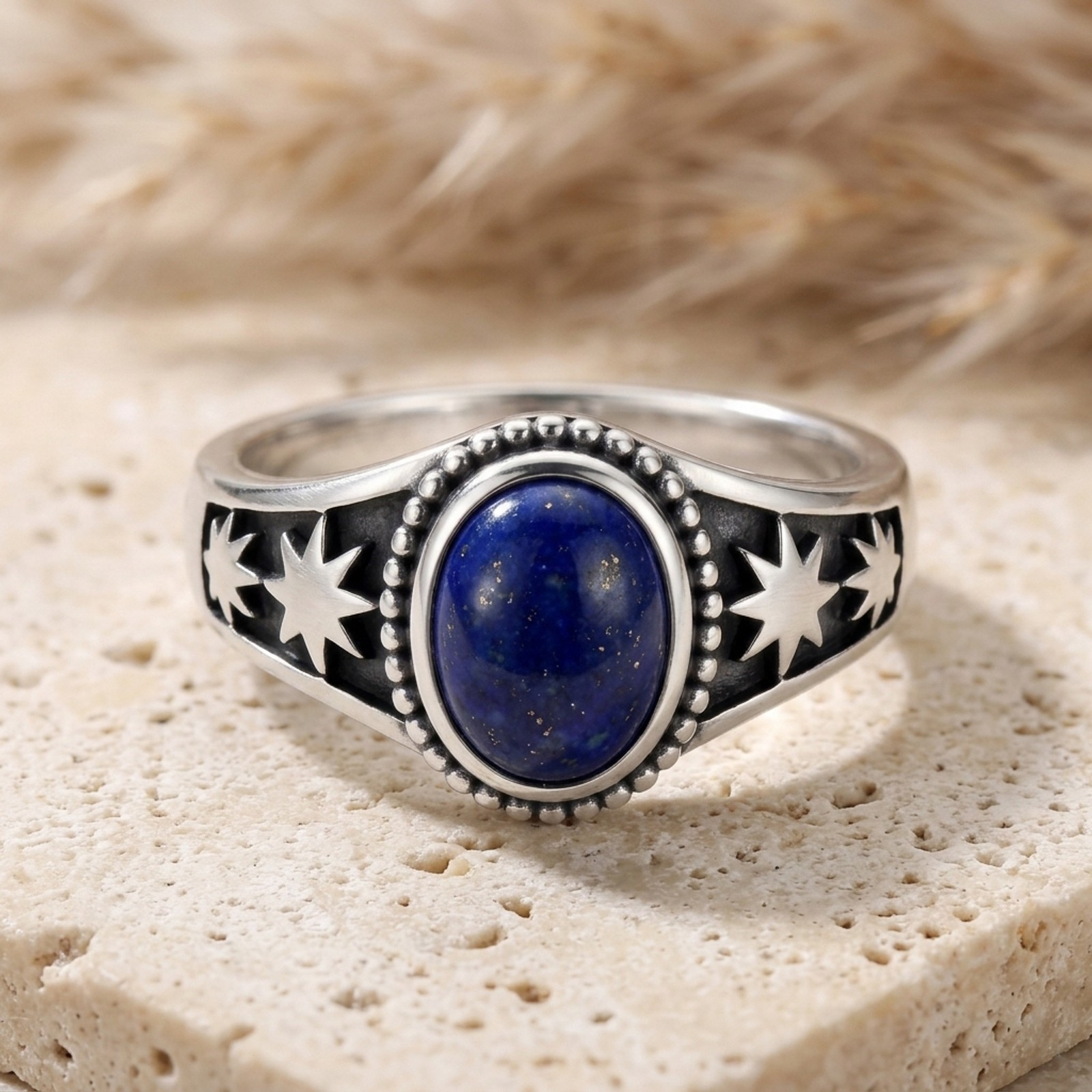 Lapis Lazuli Star Ring Sterling Silver Oxidized Marian Catholic Gemstone Band