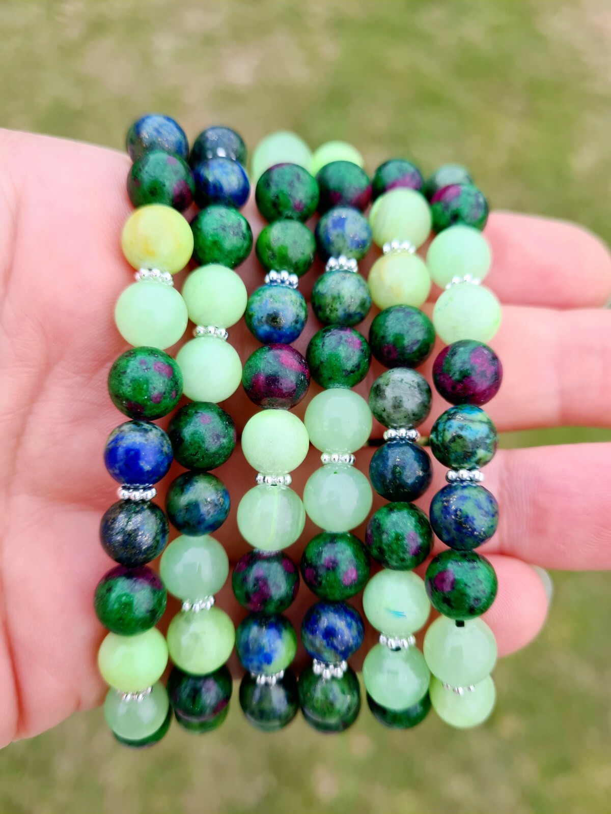 Ruby Zoisite (Anyolite), Lapis in Chrysocolla & Green Jade Healing Bracelet:…