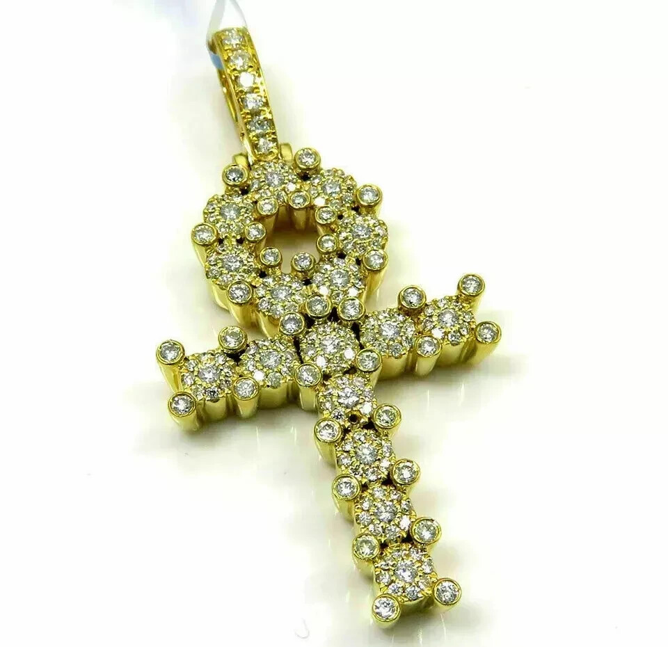 2Ct Round Cut VVS1 Diamond Ankh Cross Pendant 14K Yellow Gold Finish