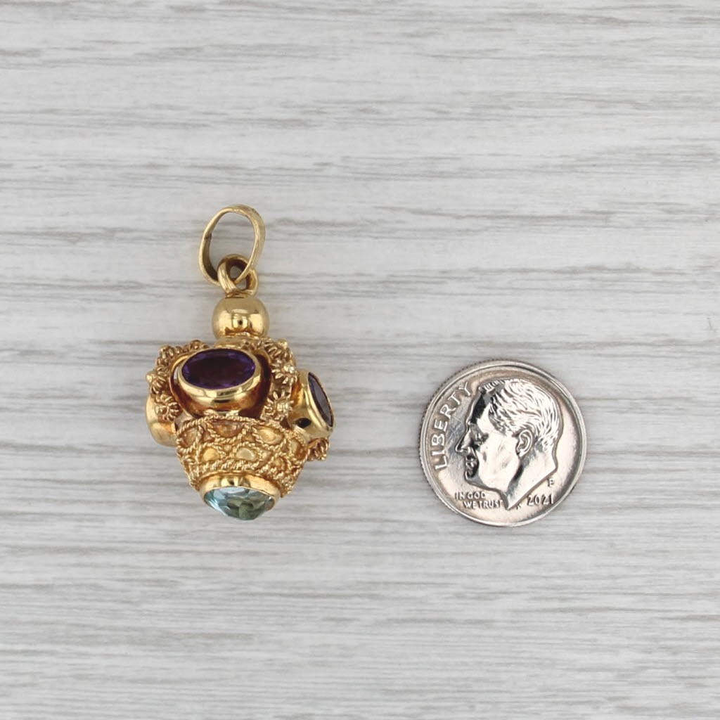 Etruscan Style 5.70ctw Topaz Amethyst Charm Pendant Fob 18k Gold Statement