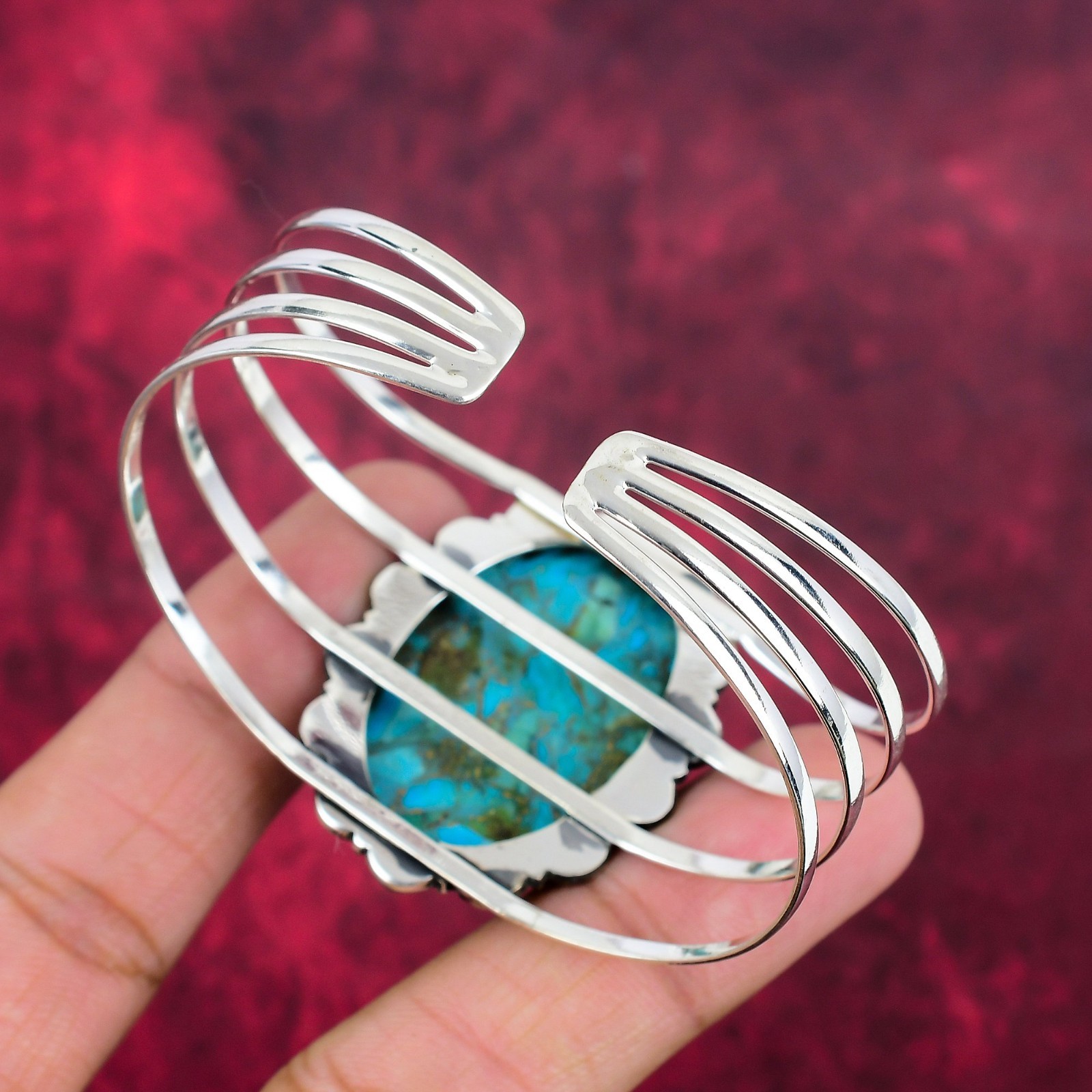 Copper Blue Turquoise Gemstone Handmade 925 Silver Adjustable Bangle Jewelry