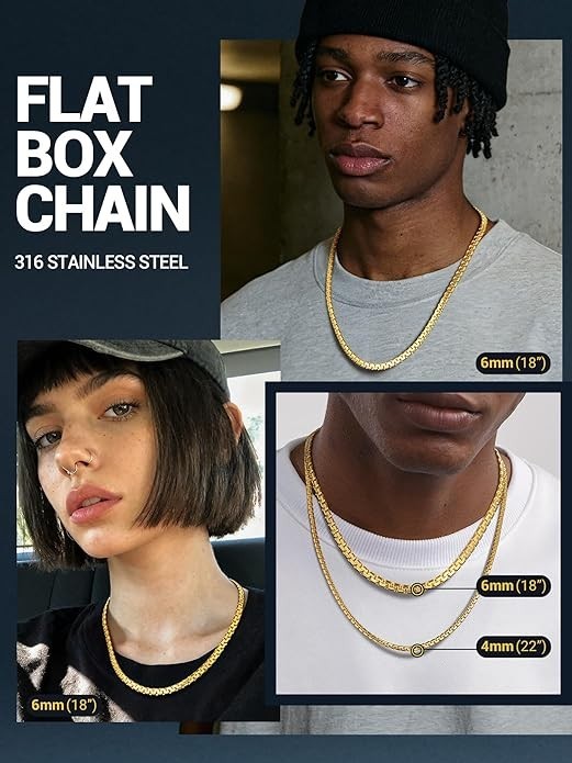 Stainless Steel Box Link Chain Necklace Men Silver Gold Black 14-30in