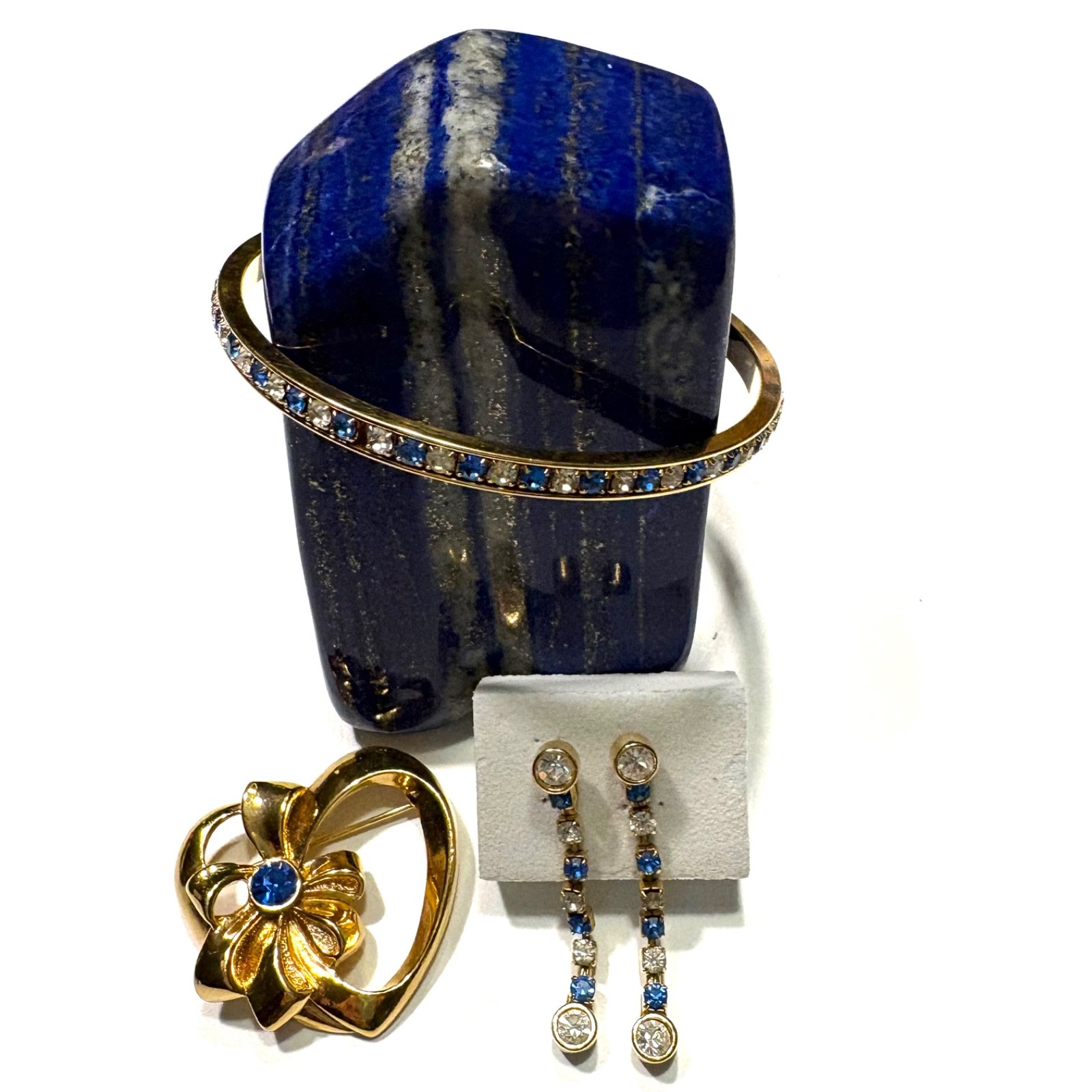 September blue birthstone jewelry lot—Avon heart pin & bangle bracelet, earrings