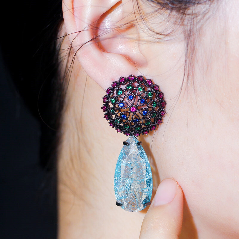 Ethnic Black Gold Plated Long Big Blue Water Drop Zircon Crystal Dangle Earrings