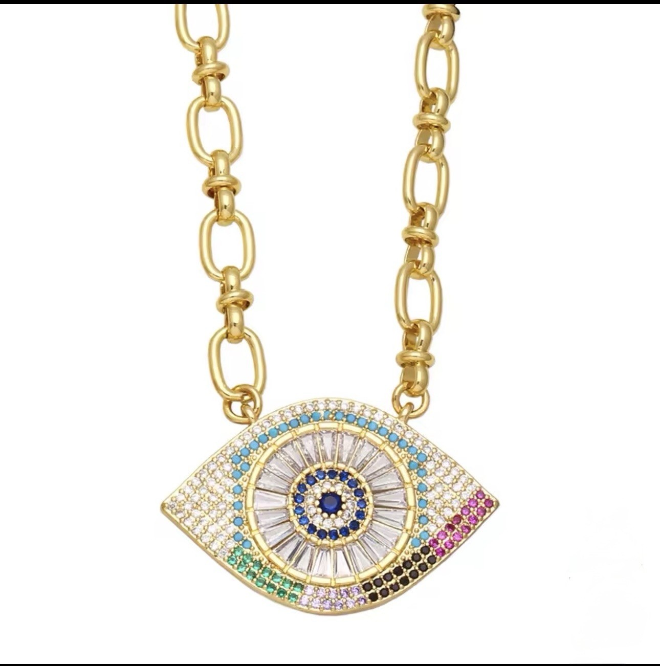 Gold Tone Multicolor Evil Eye Crystal Pendant Necklace Adjustable Chain Gift
