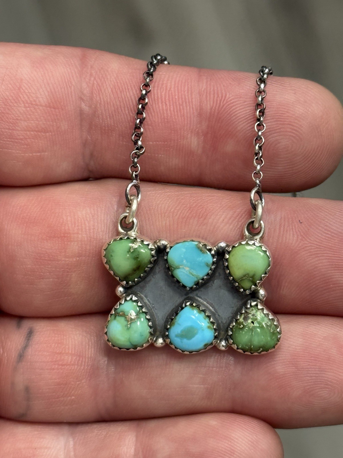 STERLING SILVER SONORAN GOLD TURQUOISE 2 ROW 6 STONE CLUSTER BAR NECKLACE .925