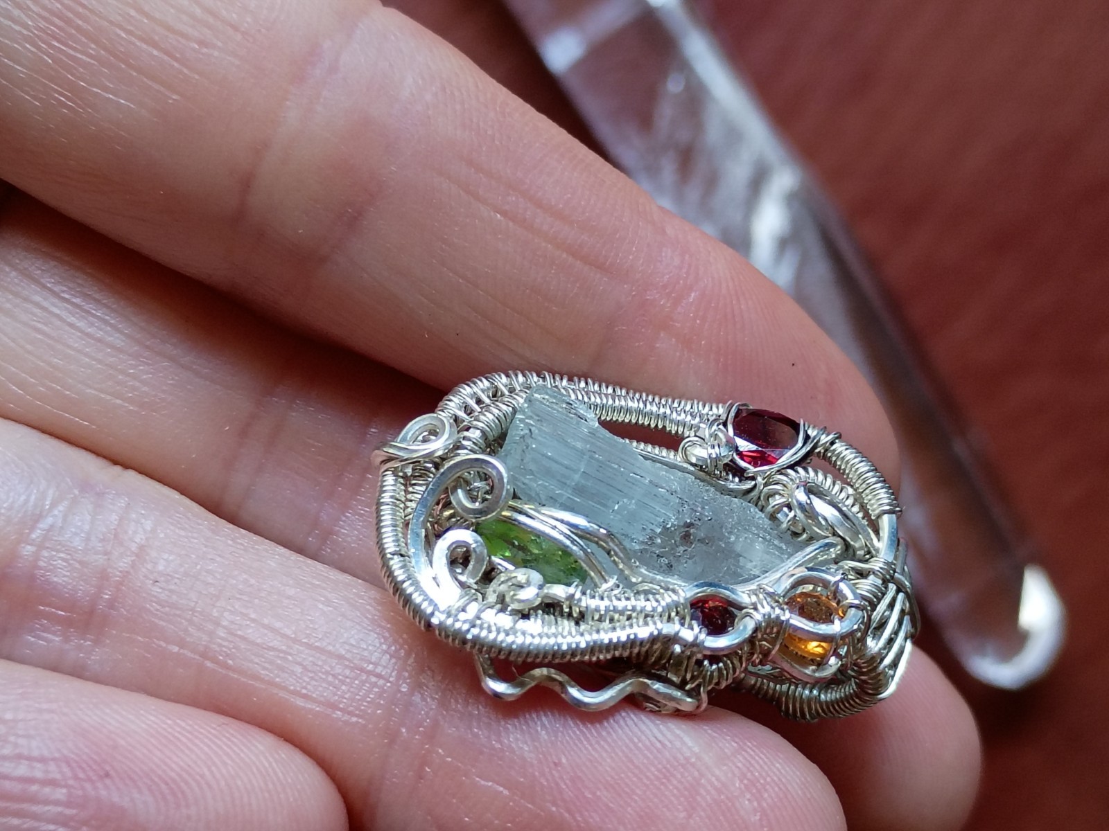 Handcrafted Wire Wrapped Aquamarine Crystal Sterling Silver Amulet Pendant