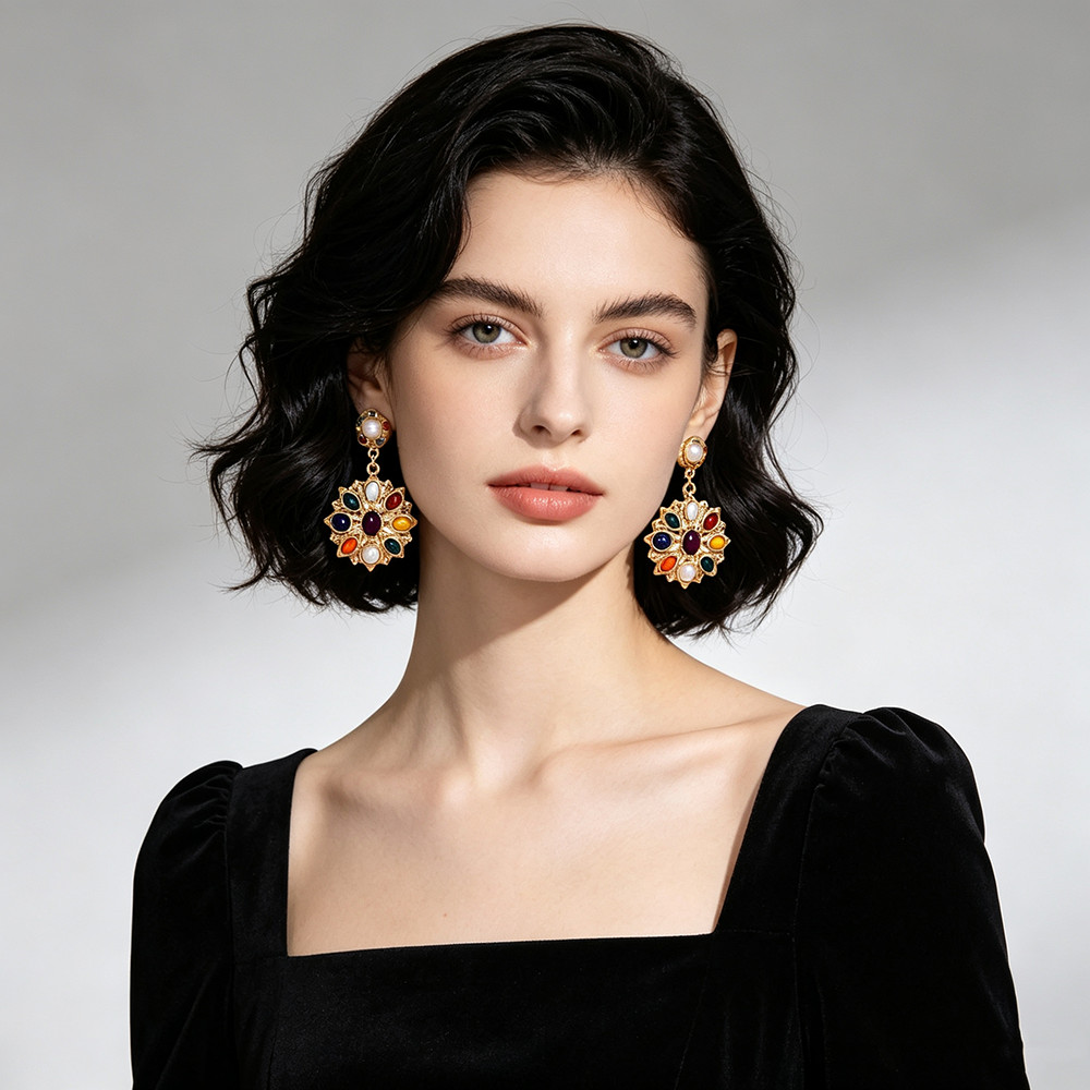 Multi Color Stone Floral Drop Earrings Gold Plated Retro Pearl Statement Jewelry