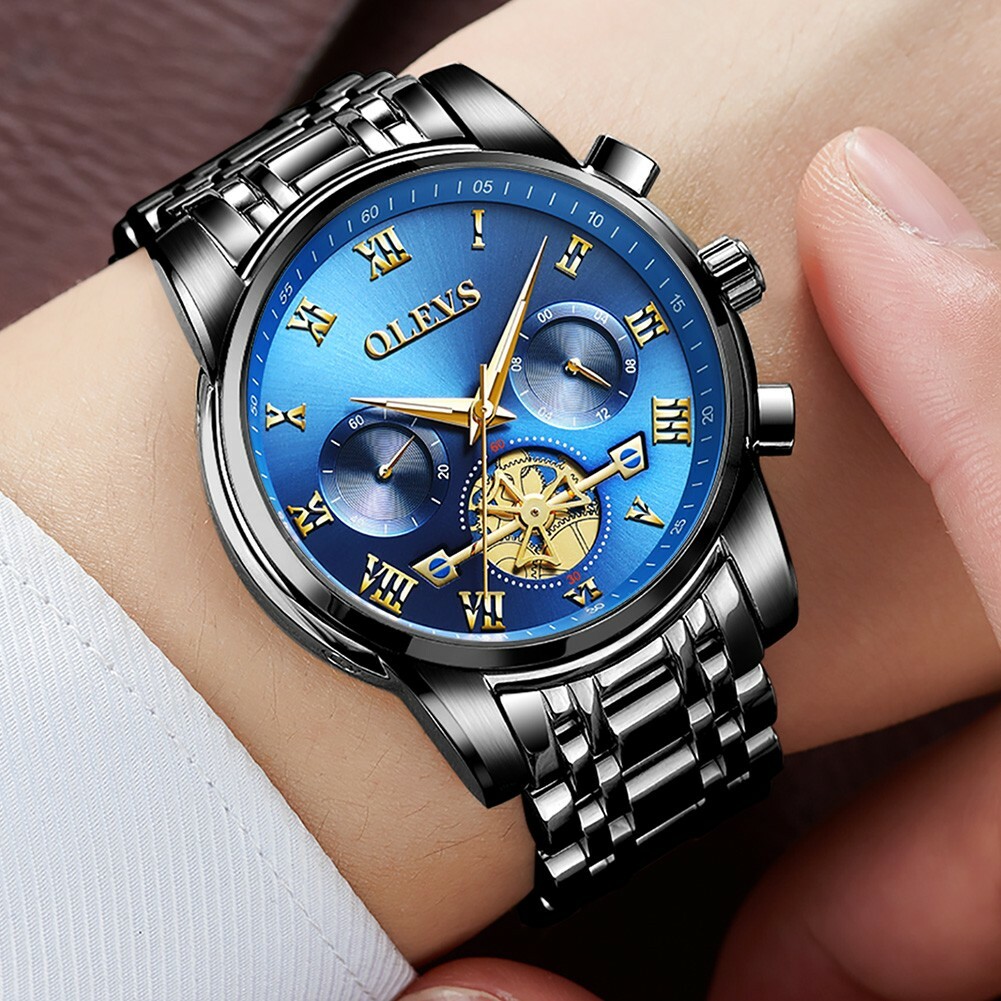 Mens Quartz Stainless Waterproof Chronograph Luminous Watch Wrist Black Christma
