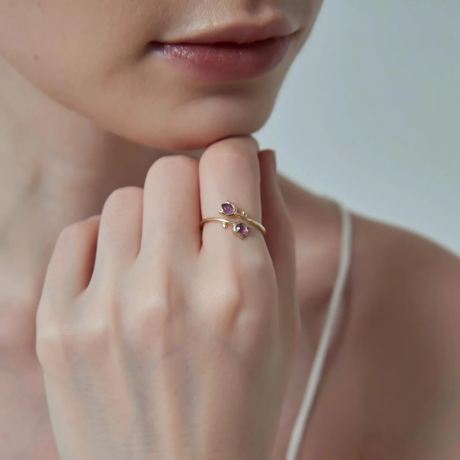 Purple Amethyst Tulip Flower Stacking Bypass Ring in 925 Sterling Silver